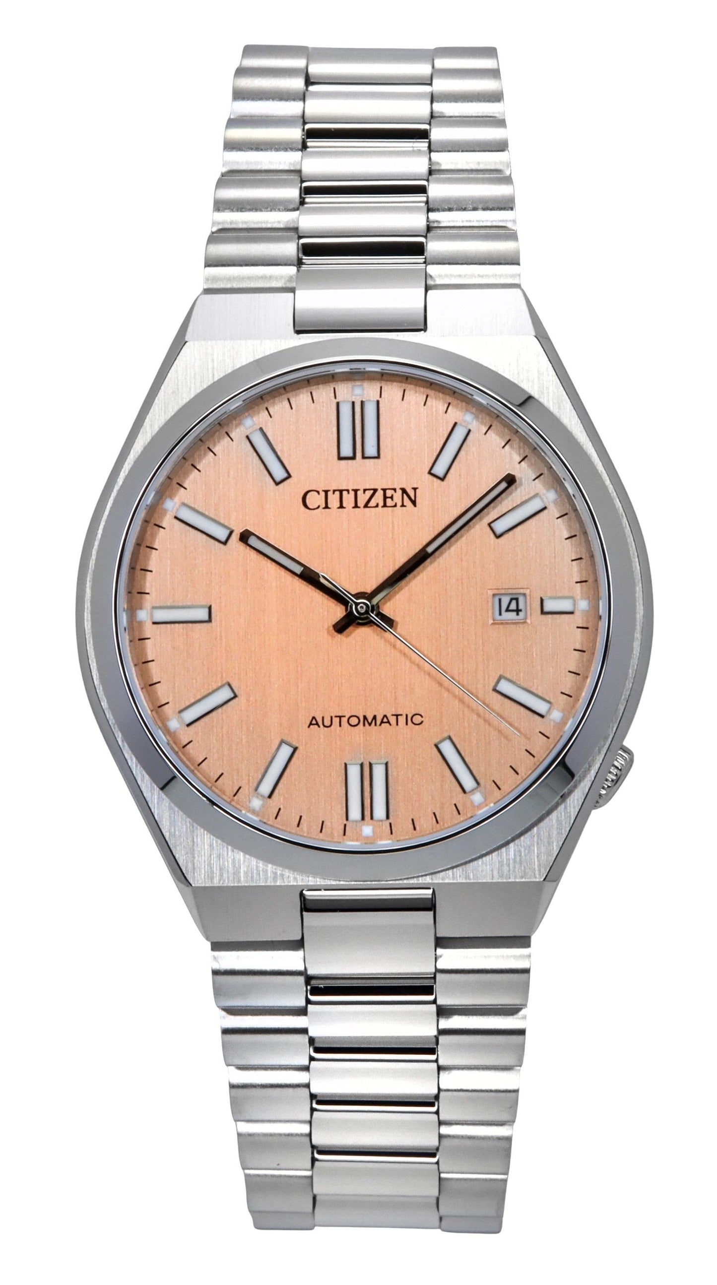 Citizen Tsuyosa Stainless Steel Salmon Dial Automatic. A brand-new Citizen Tsuyosa watch featuring a Salmon dial and a Stainless steel strap. Angled view.