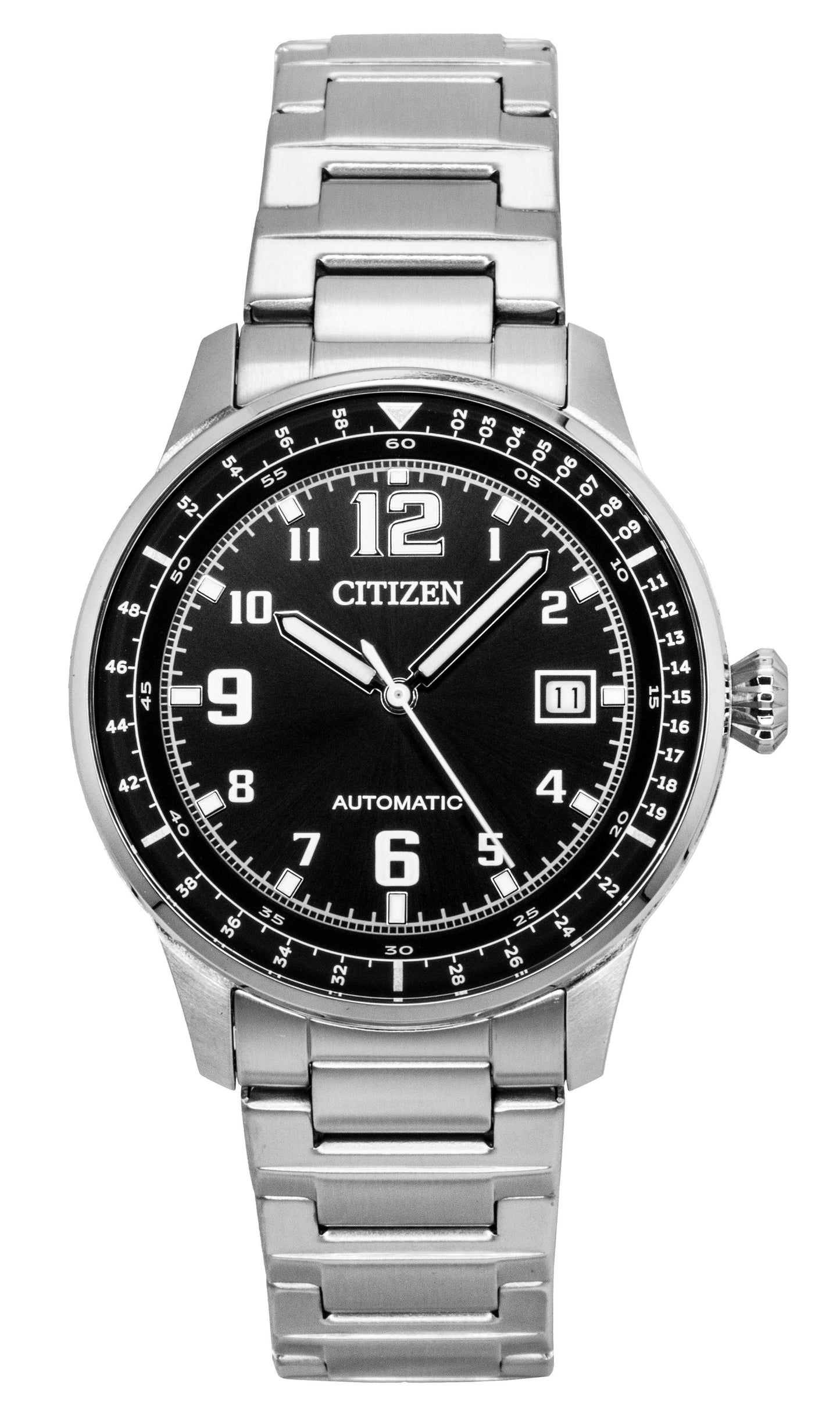 Citizen Urban Military Stainless Steel Black Dial Automatic. A brand-new Citizen watch featuring a Black dial and a Stainless steel strap. Side view.
