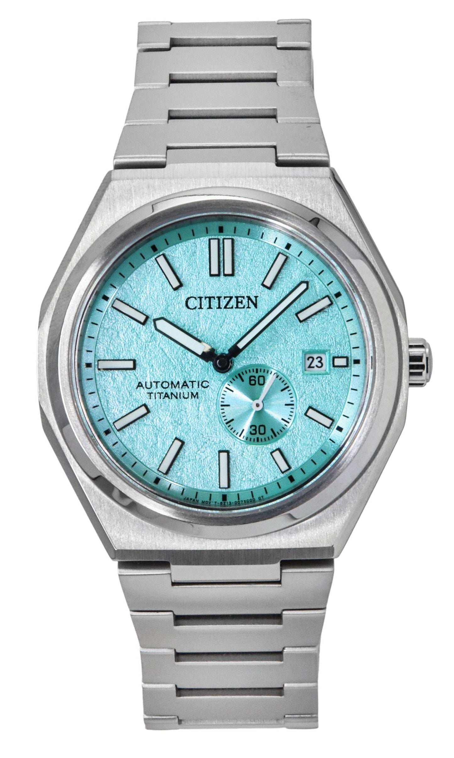 Citizen Zenshin Super Titanium Light Blue Dial Automatic. A brand-new Citizen Zenshin watch featuring a Blue dial and a Titanium strap. Front view.