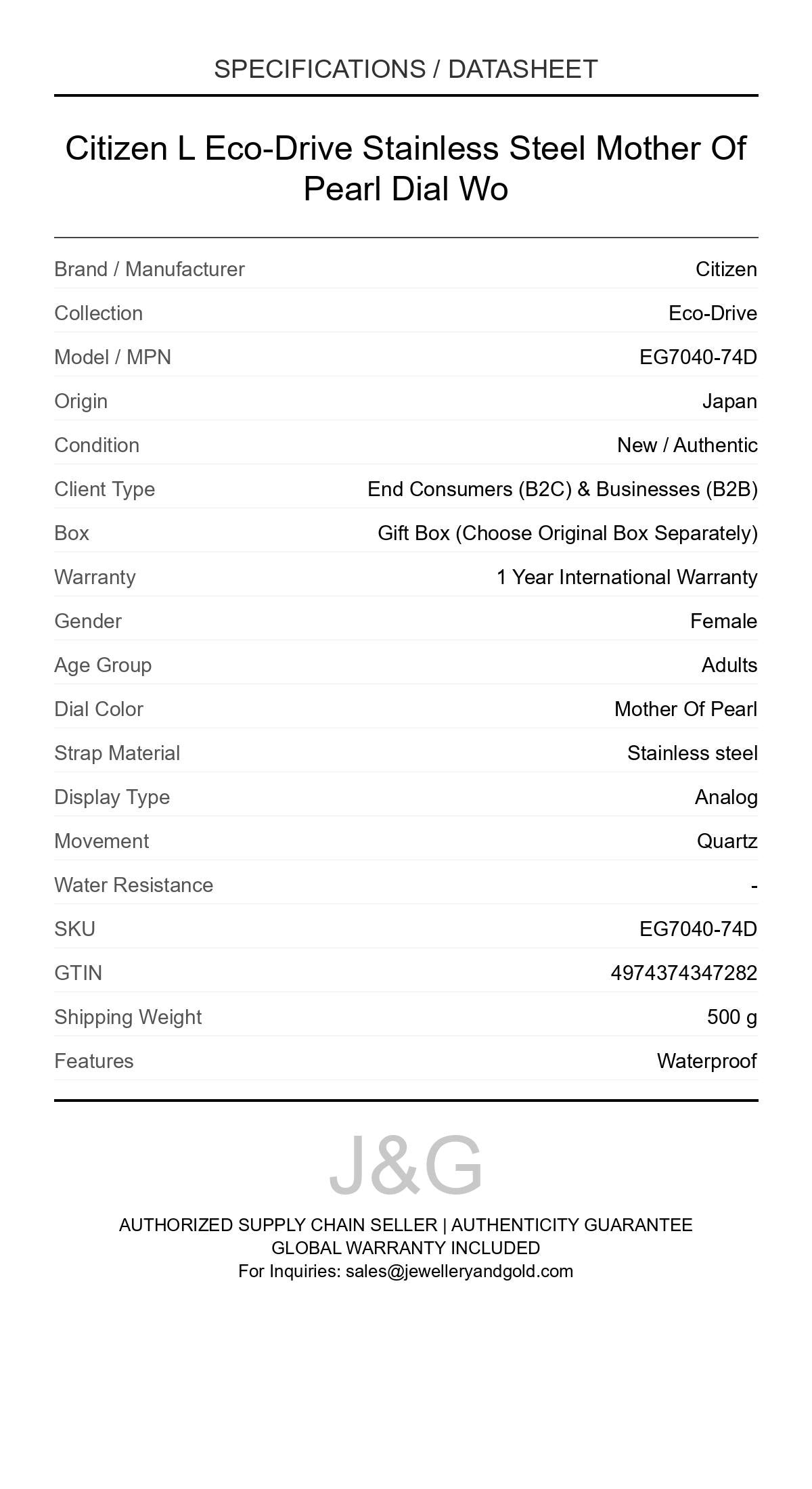 Citizen L Eco-Drive Stainless Steel Mother Of Pearl Dial Wo. A brand-new Citizen Eco-Drive watch featuring a Mother Of Pearl dial and a Stainless steel strap. Angled view. - DS_FINAL