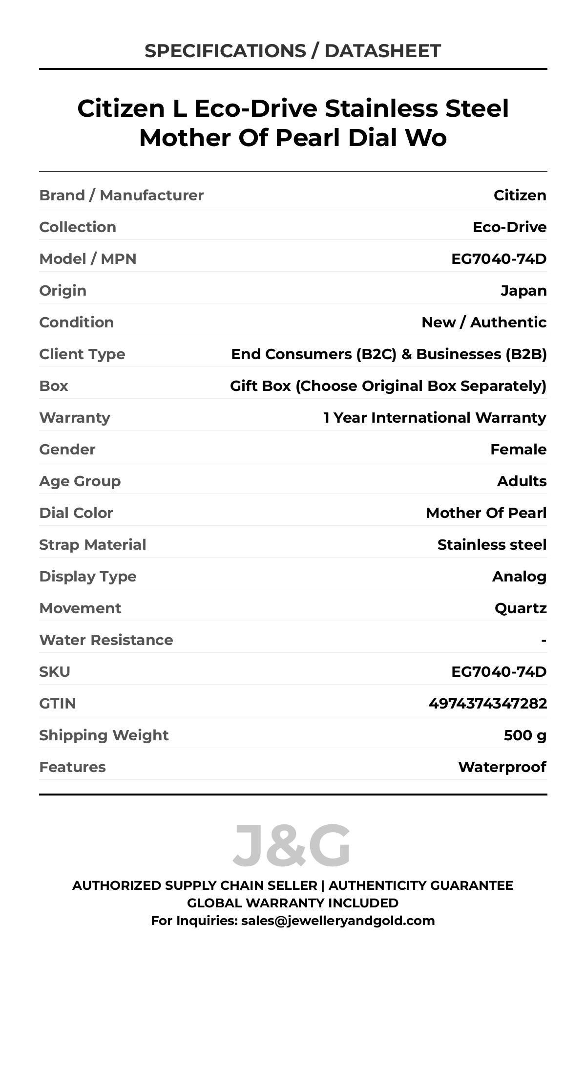 Citizen L Eco-Drive Stainless Steel Mother Of Pearl Dial Wo. A brand-new Citizen Eco-Drive watch featuring a Mother Of Pearl dial and a Stainless steel strap. Front view. - DS_FINAL