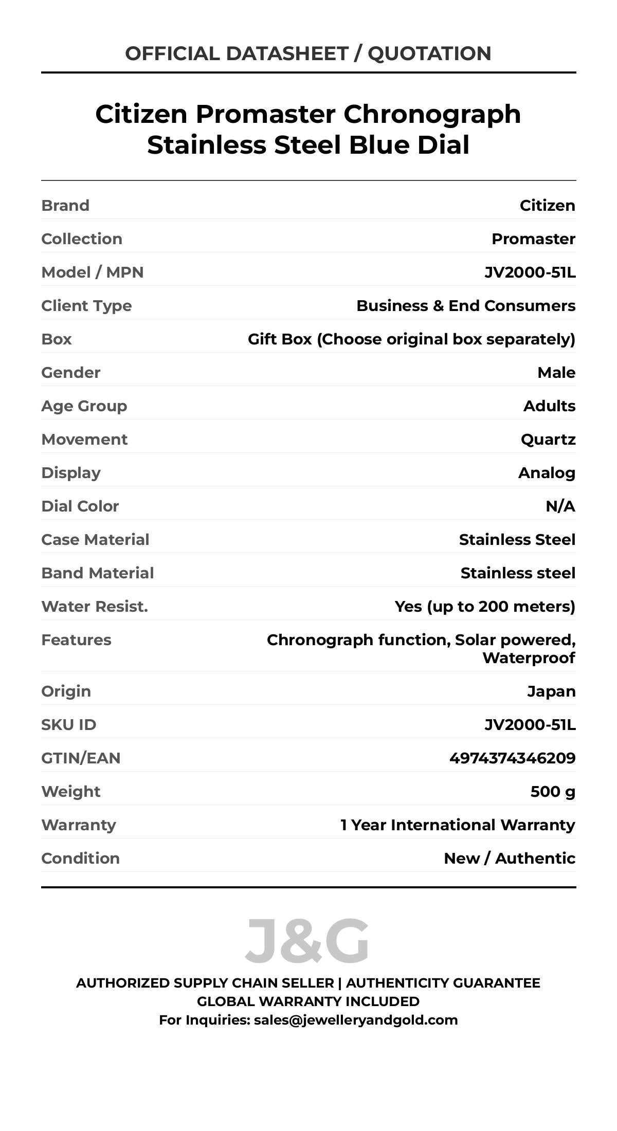 Citizen Promaster Chronograph Stainless Steel Blue Dial. A brand-new Citizen Promaster watch featuring a N/A dial and a Stainless steel strap. Front view. - DS_FINAL
