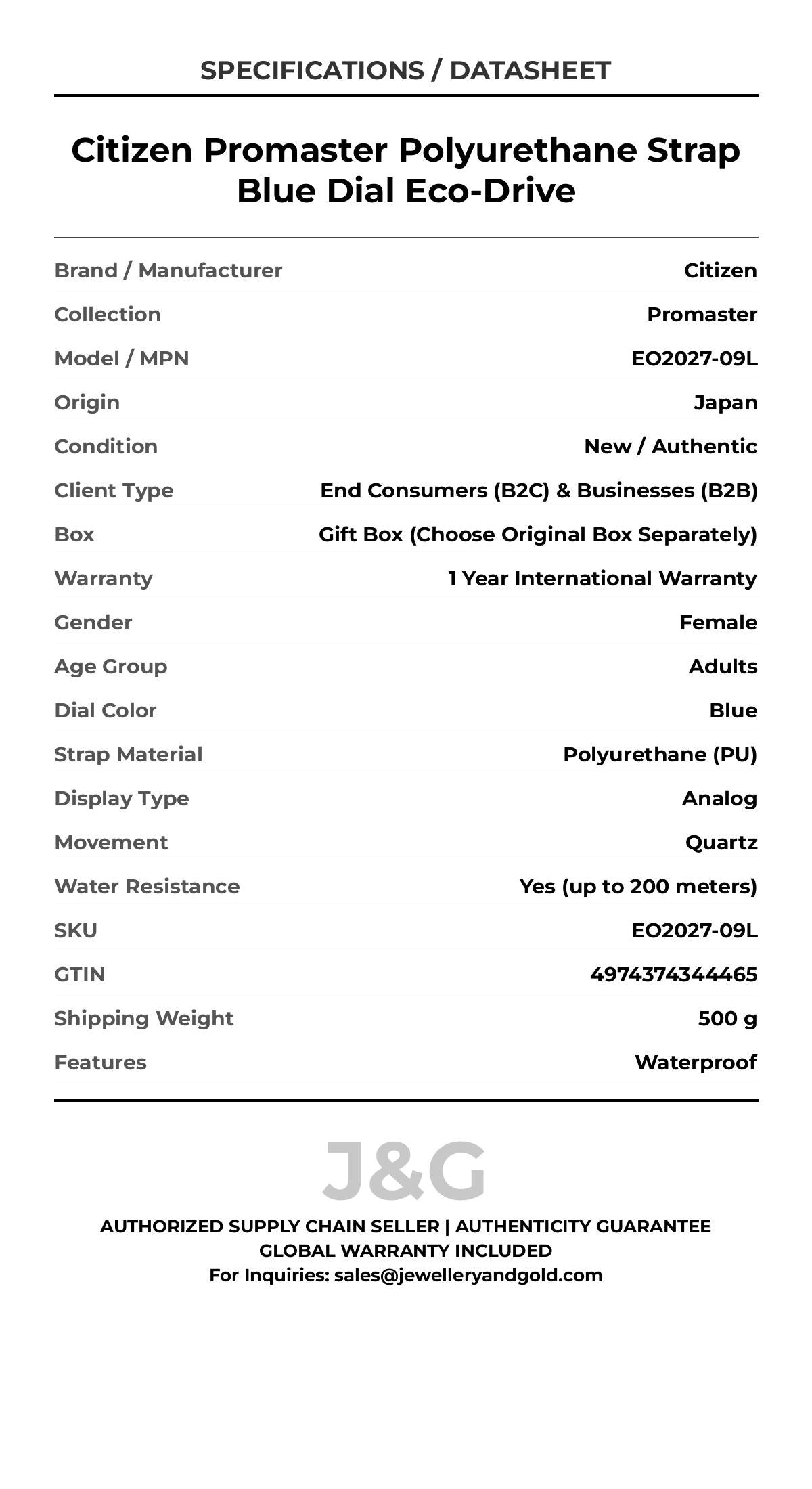 Citizen Promaster Polyurethane Strap Blue Dial Eco-Drive. A brand-new Citizen Promaster watch featuring a Blue dial and a Polyurethane (PU) strap. Front view. - DS_FINAL