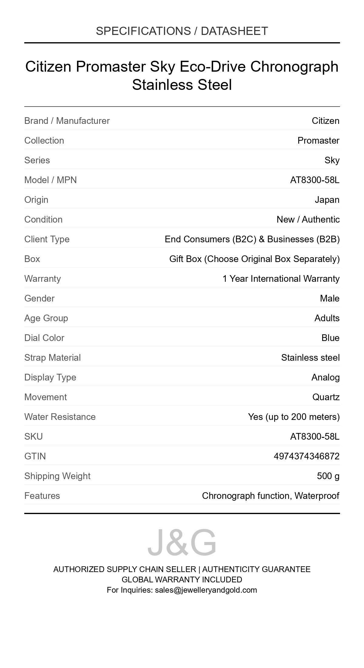 Citizen Promaster Sky Eco-Drive Chronograph Stainless Steel. A brand-new Citizen Promaster watch featuring a Blue dial and a Stainless steel strap. Side view. - DS_FINAL