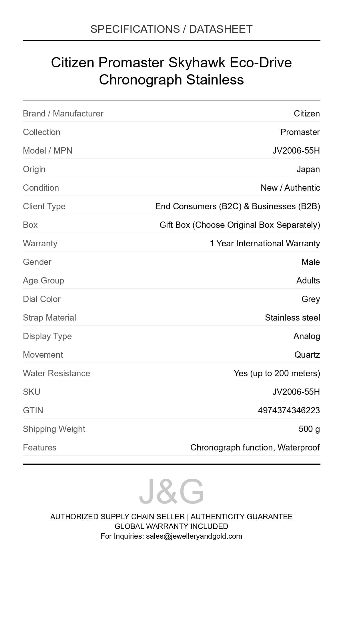 Citizen Promaster Skyhawk Eco-Drive Chronograph Stainless. A brand-new Citizen Promaster watch featuring a Grey dial and a Stainless steel strap. Angled view. - DS_FINAL