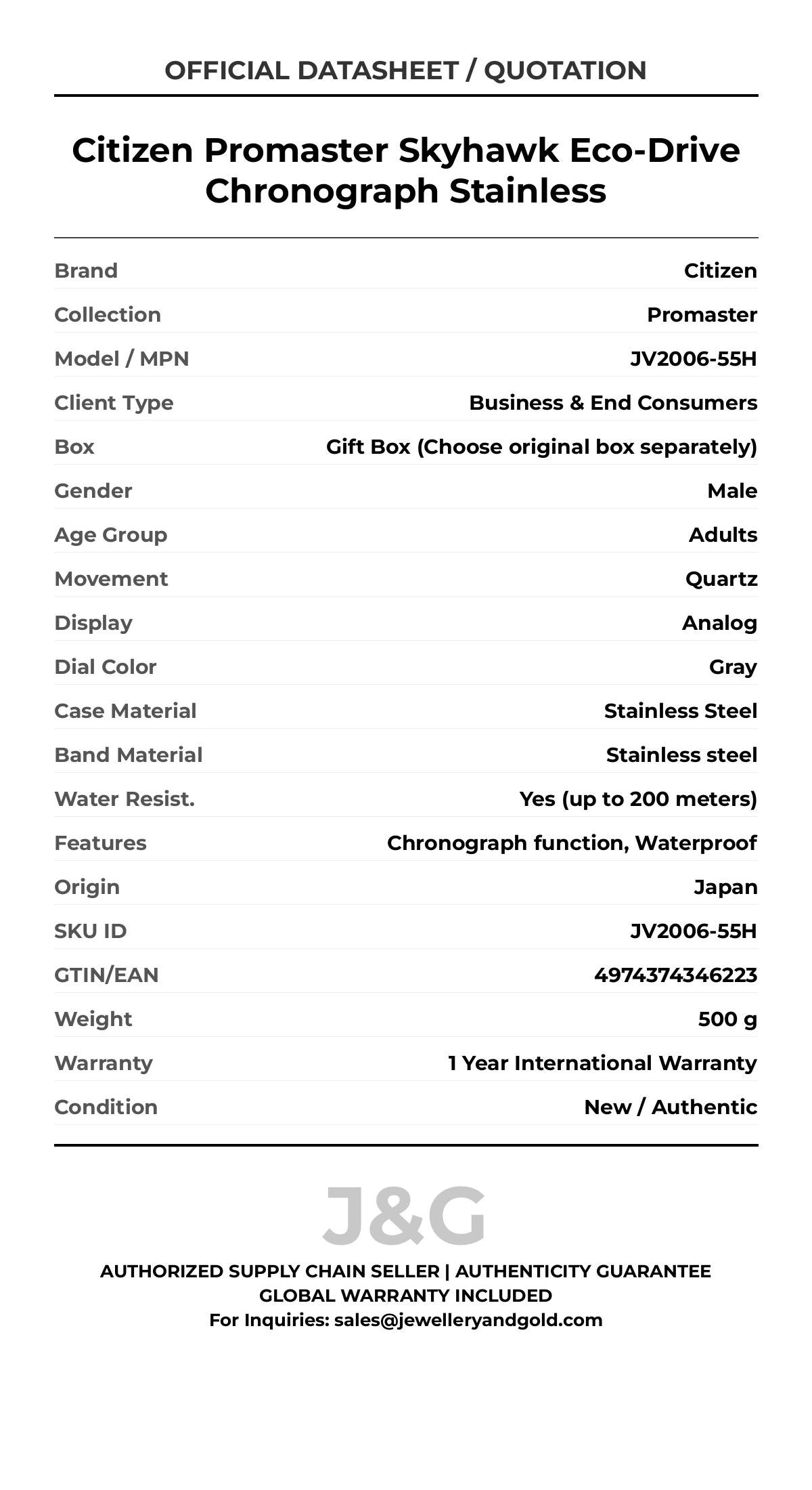 Citizen Promaster Skyhawk Eco-Drive Chronograph Stainless. A brand-new Citizen Promaster watch featuring a Gray dial and a Stainless steel strap. Angled view. - DS_FINAL