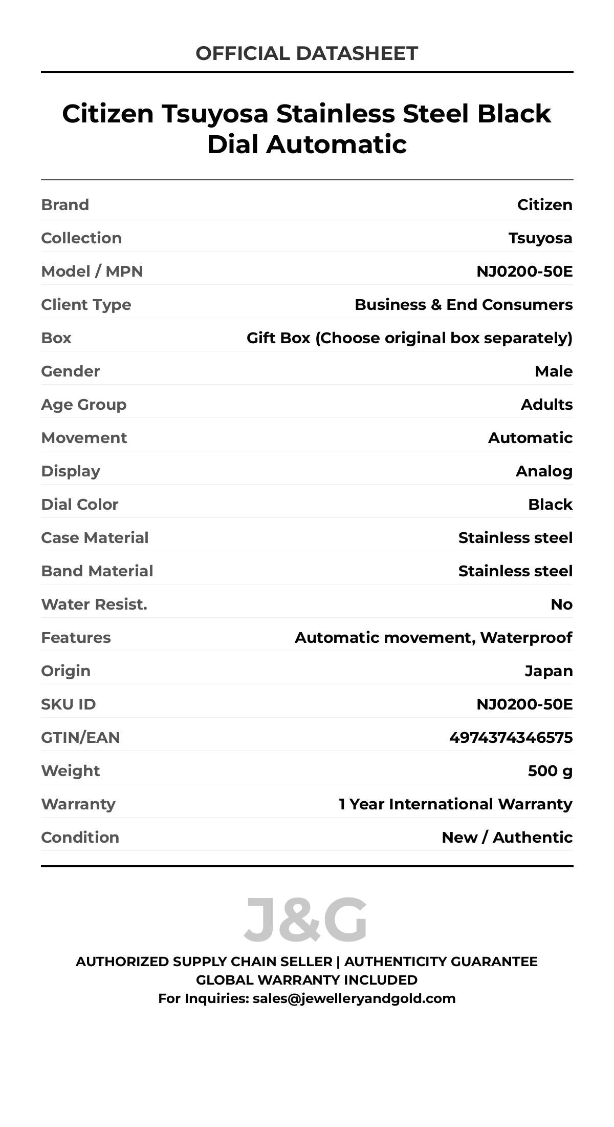 Citizen Tsuyosa Stainless Steel Black Dial Automatic. A brand-new Citizen Tsuyosa watch featuring a Black dial and a Stainless steel strap. Front view. - DS_FINAL