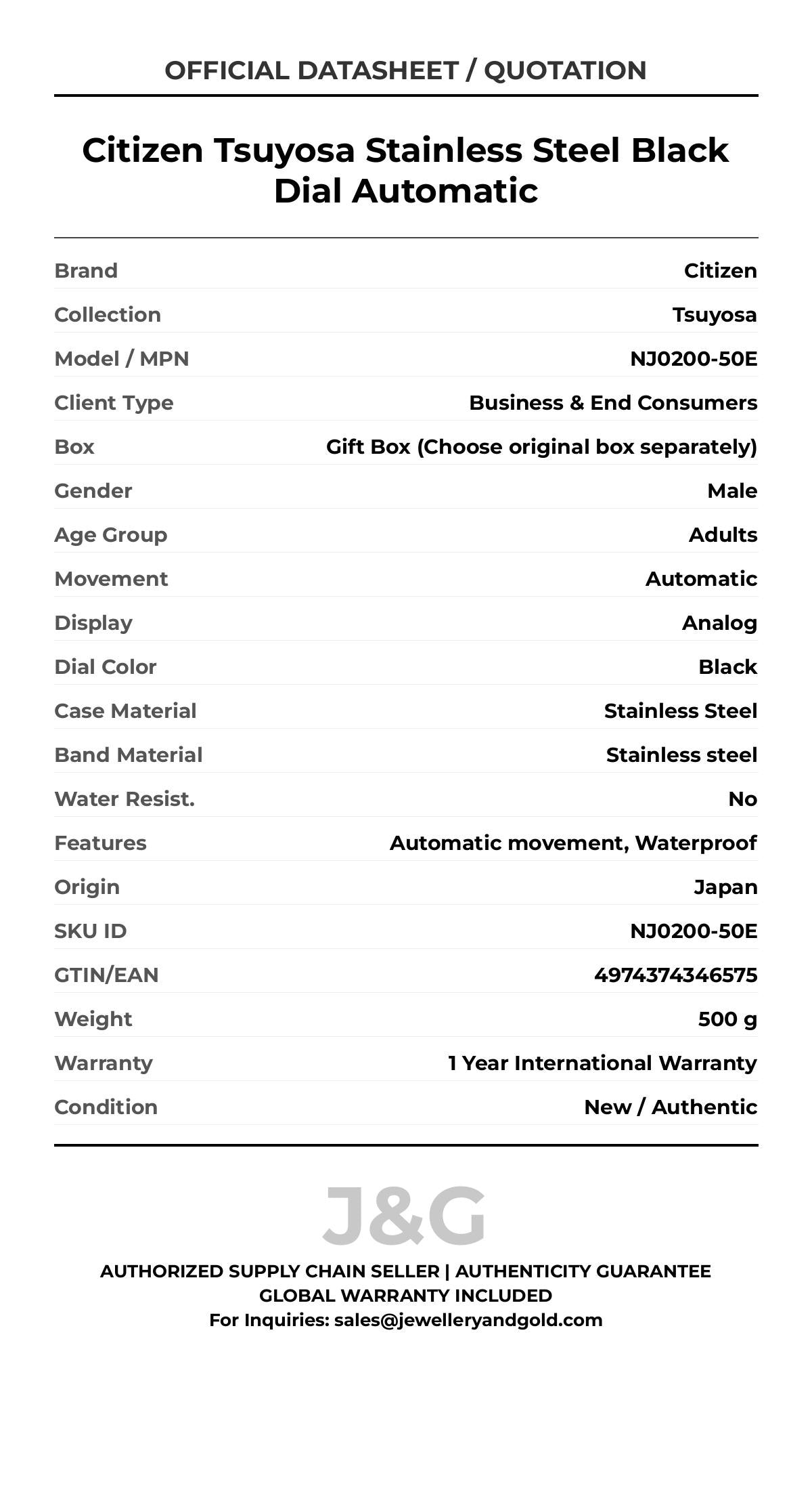 Citizen Tsuyosa Stainless Steel Black Dial Automatic. A brand-new Citizen Tsuyosa watch featuring a Black dial and a Stainless steel strap. Side view. - DS_FINAL