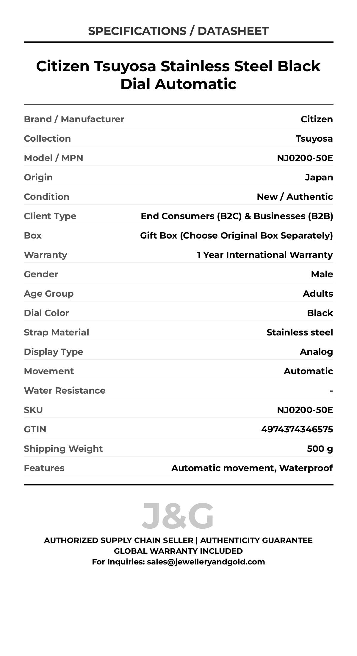 Citizen Tsuyosa Stainless Steel Black Dial Automatic. A brand-new Citizen Tsuyosa watch featuring a Black dial and a Stainless steel strap. Front view. - DS_FINAL