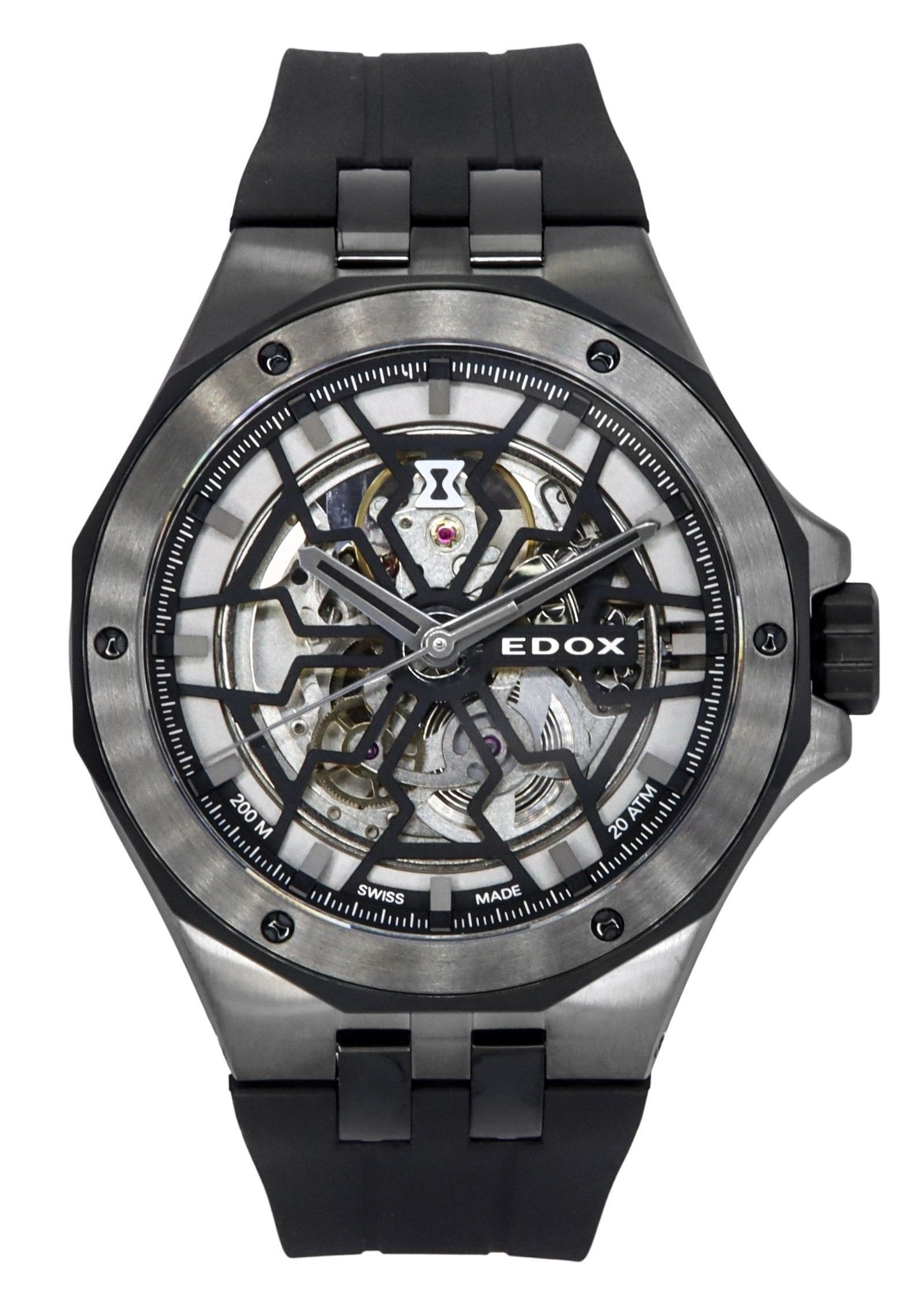 Edox Delfin The Original Mecano Rubber Strap Skeleton Black. A brand-new Edox Delfin watch featuring a Black dial and a Rubber strap. Front view.