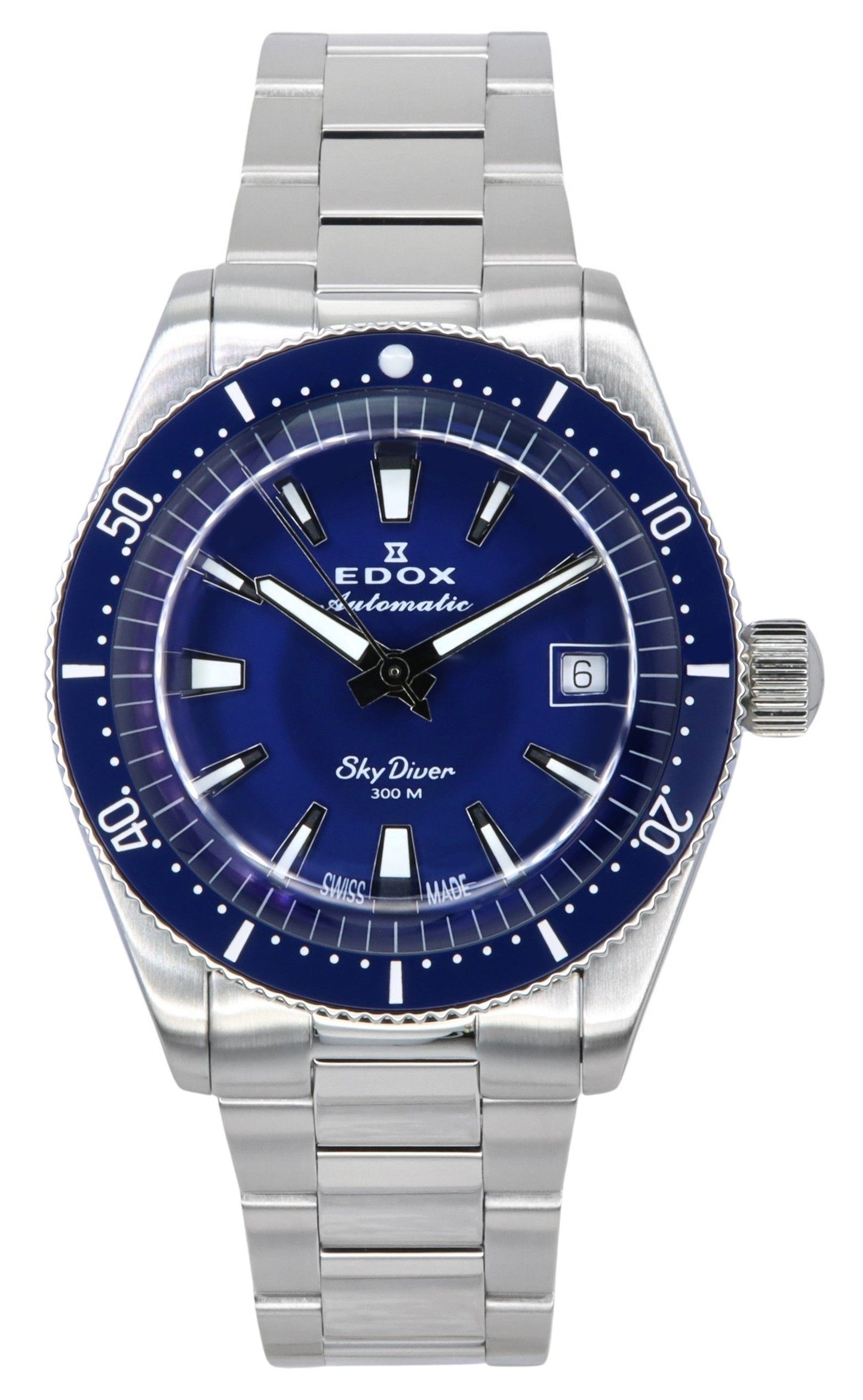 Edox Skydiver 38 Date Limited Edition Blue Dial Automatic. A brand-new Edox Skydiver watch featuring a Blue dial. Front view.