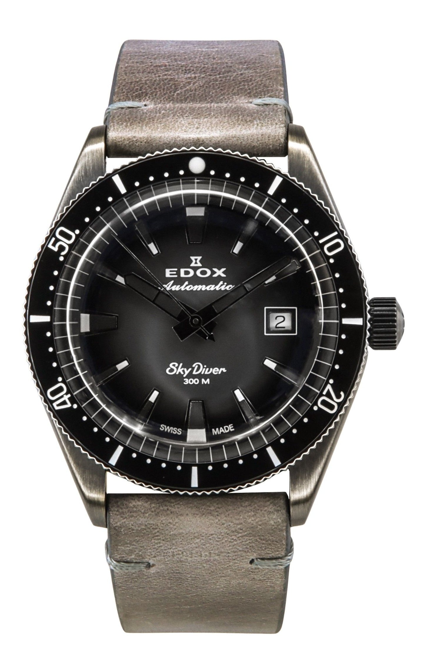 Edox Skydiver Limited Edition Leather Strap Grey Dial. A brand-new Edox Skydiver watch featuring a Grey dial and a Leather strap. Angled view.