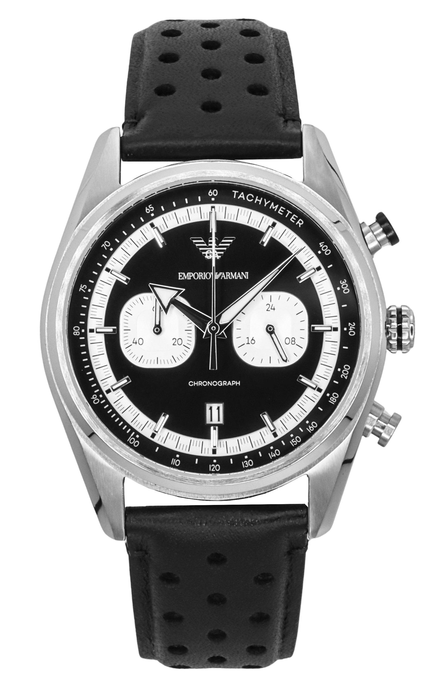 Emporio Armani Chronograph Leather Strap Black Dial Quartz. A brand-new Emporio Armani watch featuring a Black dial and a Leather strap. Side view.