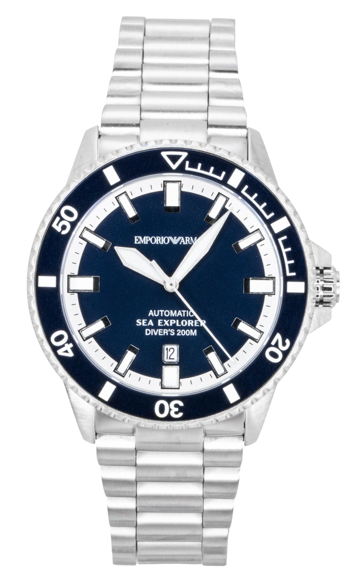 Emporio Armani Sea Explorer Stainless Steel Blue Dial. A brand-new Emporio Armani Sea Explorer watch featuring a Blue dial and a Stainless steel strap. Front view.