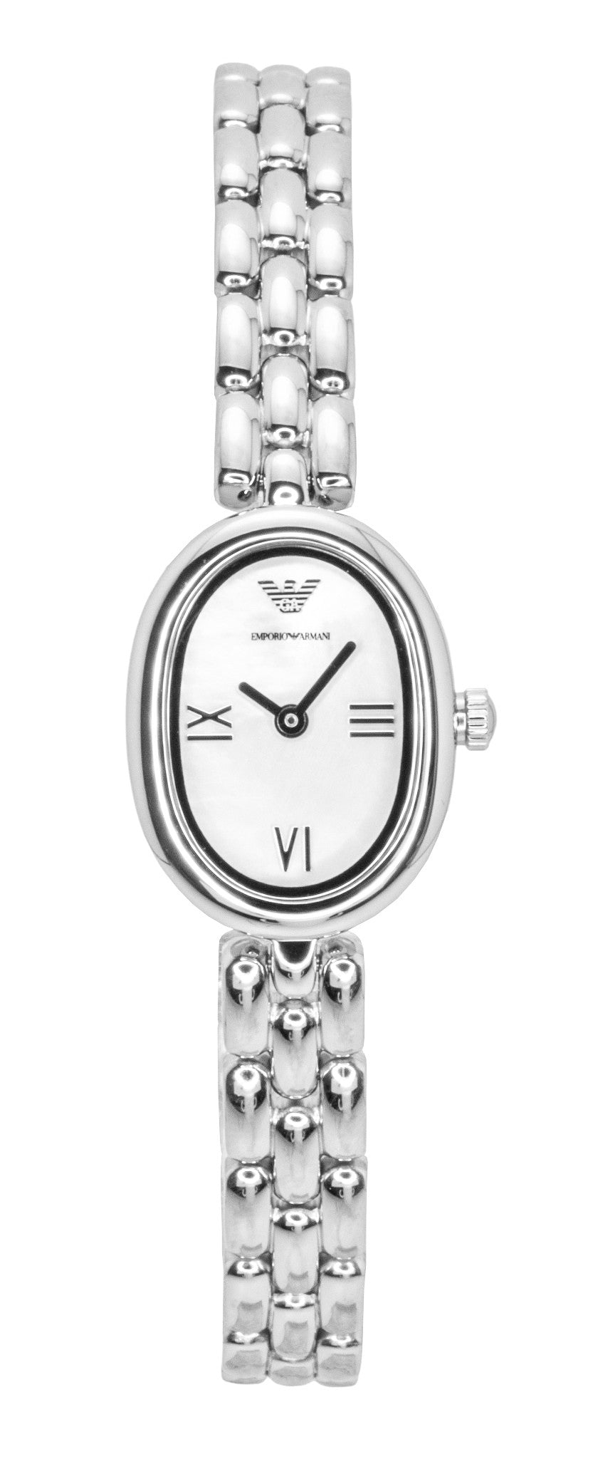 Emporio Armani Stainless Steel Mother Of Pearl Dial Quartz. A brand-new Emporio Armani watch featuring a Mother Of Pearl dial and a Stainless steel strap. Front view.