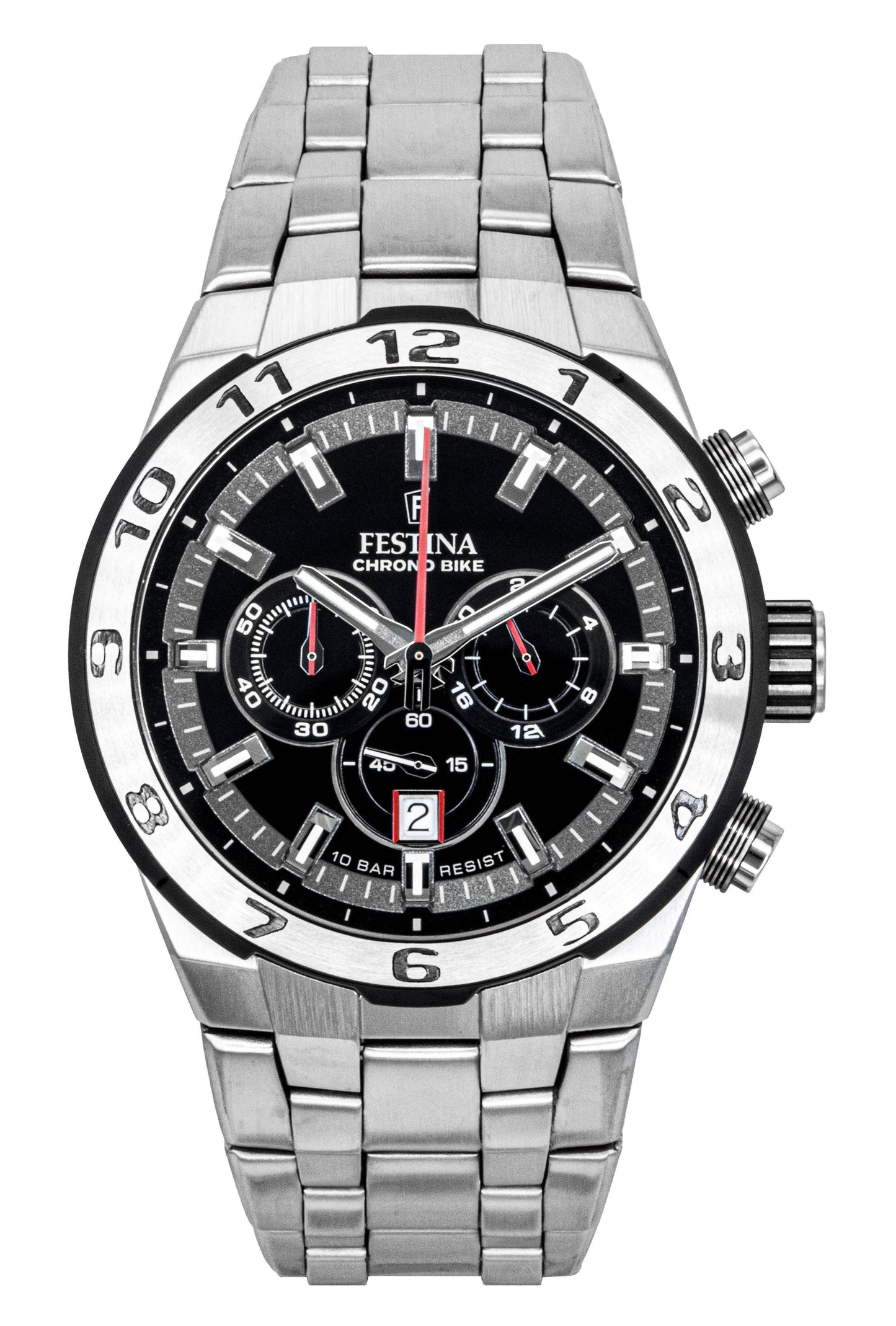 Festina Chrono Bike Chronograph Stainless Steel Black Dial. A brand-new Festina Chronograph watch featuring a Black dial and a Stainless steel strap. Front view.
