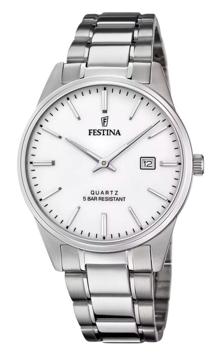 Festina Classic Stainless Steel White Dial Quartz. A brand-new Festina Classic watch featuring a White dial and a Stainless steel strap. Front view.