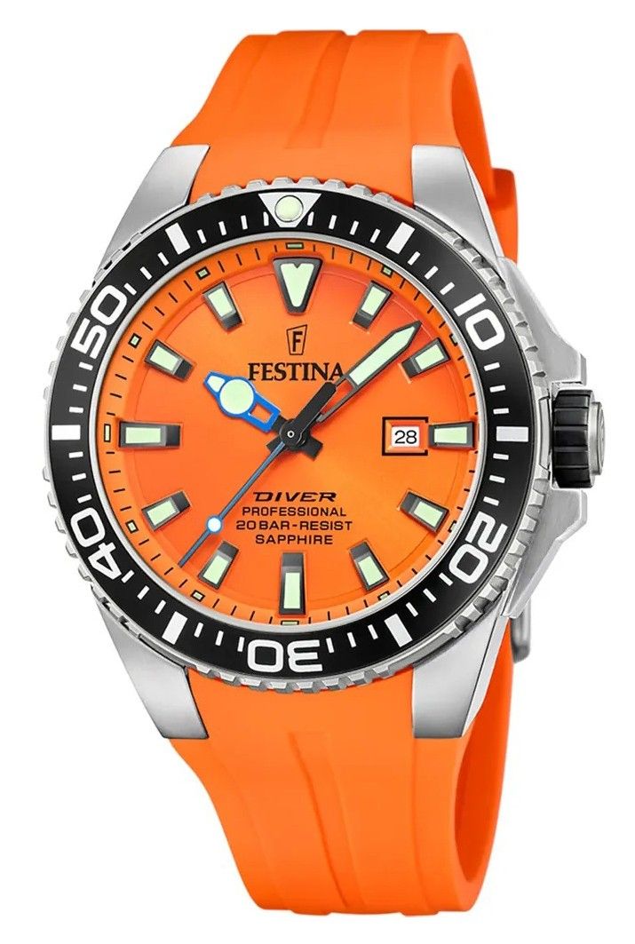 Festina Diver Rubber Strap Orange Dial Quartz 200M. A brand-new Festina Diver watch featuring a Orange dial and a Rubber strap. Angled view.