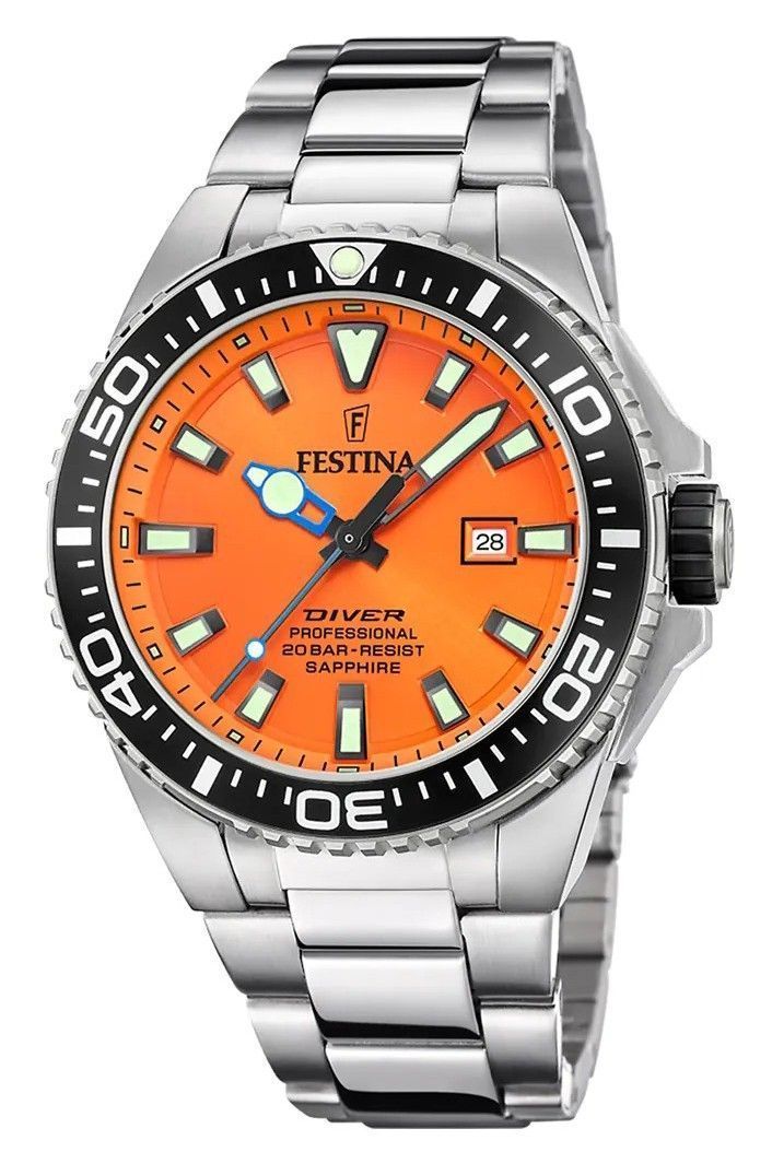 Festina Diver Stainless Steel Orange Dial Quartz 200M. A brand-new Festina Diver watch featuring a Orange dial and a Stainless steel strap. Front view.