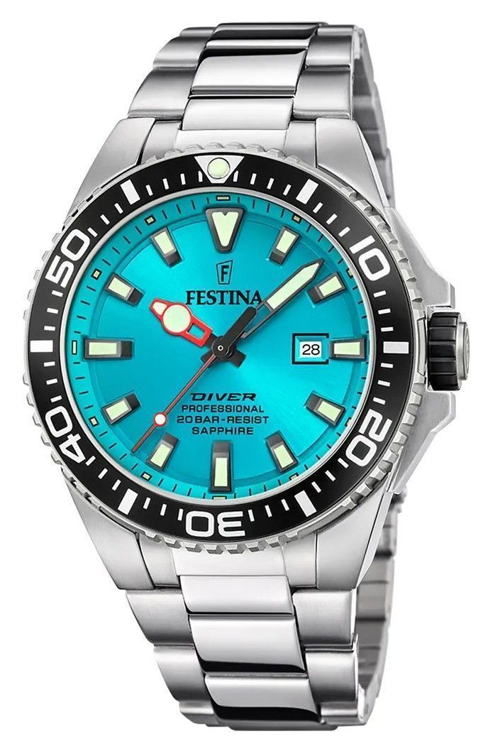 Festina Diver Stainless Steel Turquoise Dial Quartz 200M. A brand-new Festina Diver watch featuring a Turquoise dial and a Stainless steel strap. Angled view.