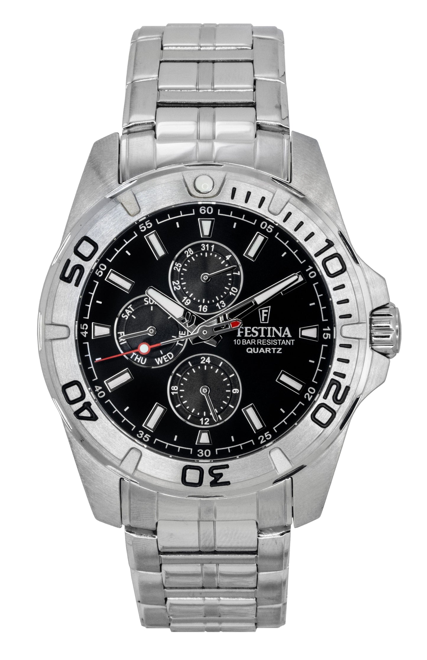 Festina Multifunction Stainless Steel Black Dial Quartz 100M. A brand-new Festina Multifunction watch featuring a Black dial and a Stainless steel strap. Front view.