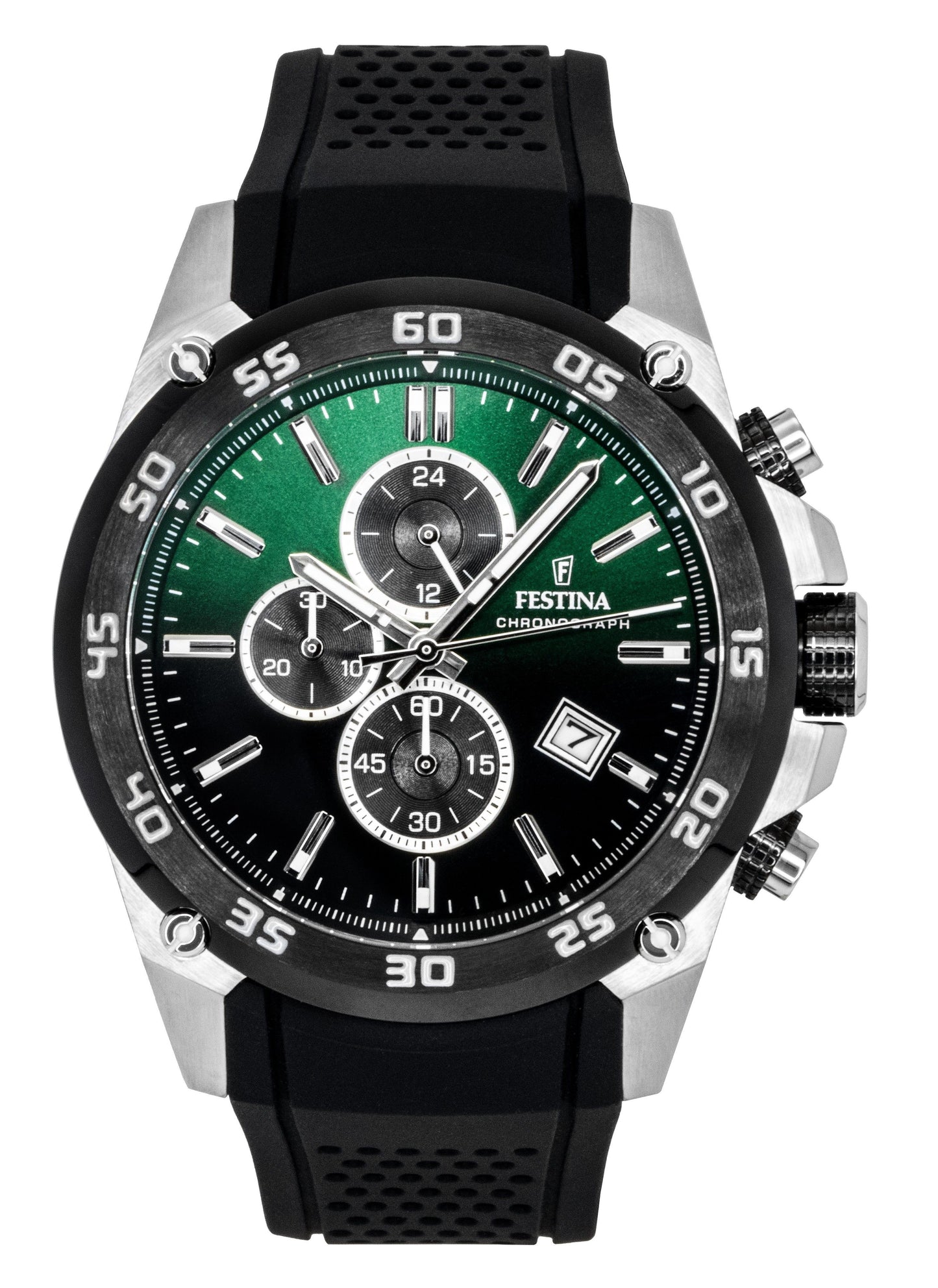 Festina The Originals Chronograph Rubber Strap Green Dial. A brand-new Festina Chronograph watch featuring a Green dial and a Rubber strap. Side view.