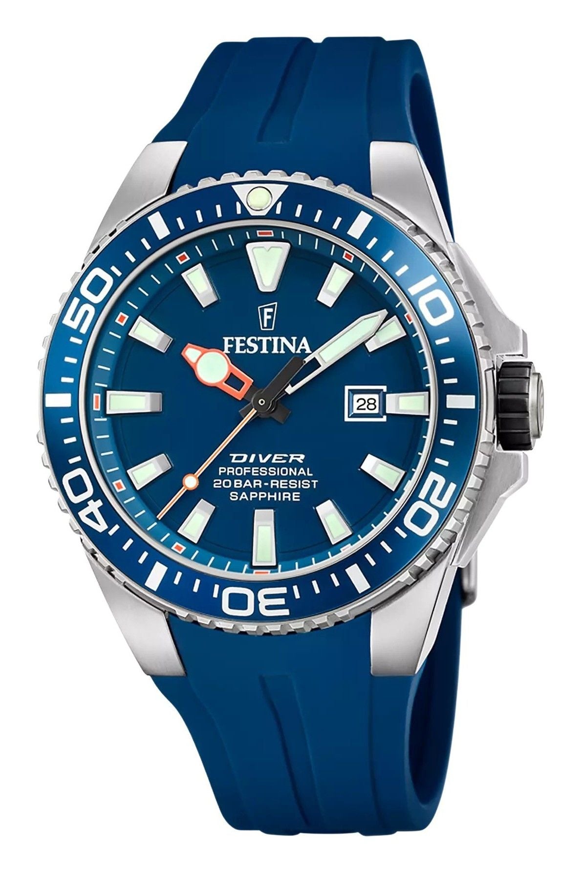 Festina The Originals Rubber Strap Blue Dial Quartz Diver's. A brand-new Festina The Originals watch featuring a Blue dial and a Rubber strap. Side view.