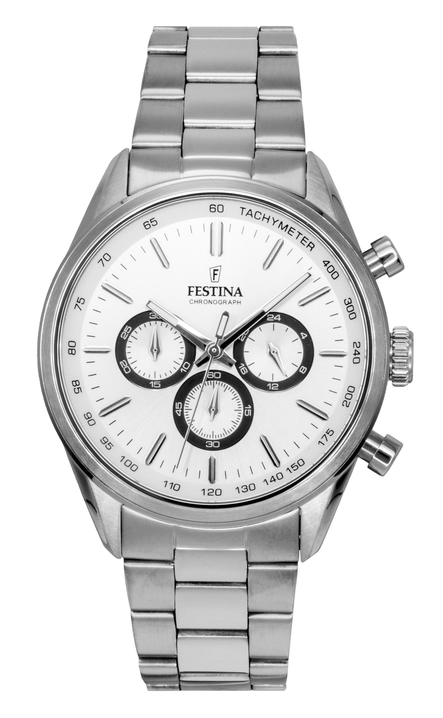 Festina Timeless Chronograph Stainless Steel White Dial. A brand-new Festina Chronograph watch featuring a White dial and a Stainless steel strap. Side view.