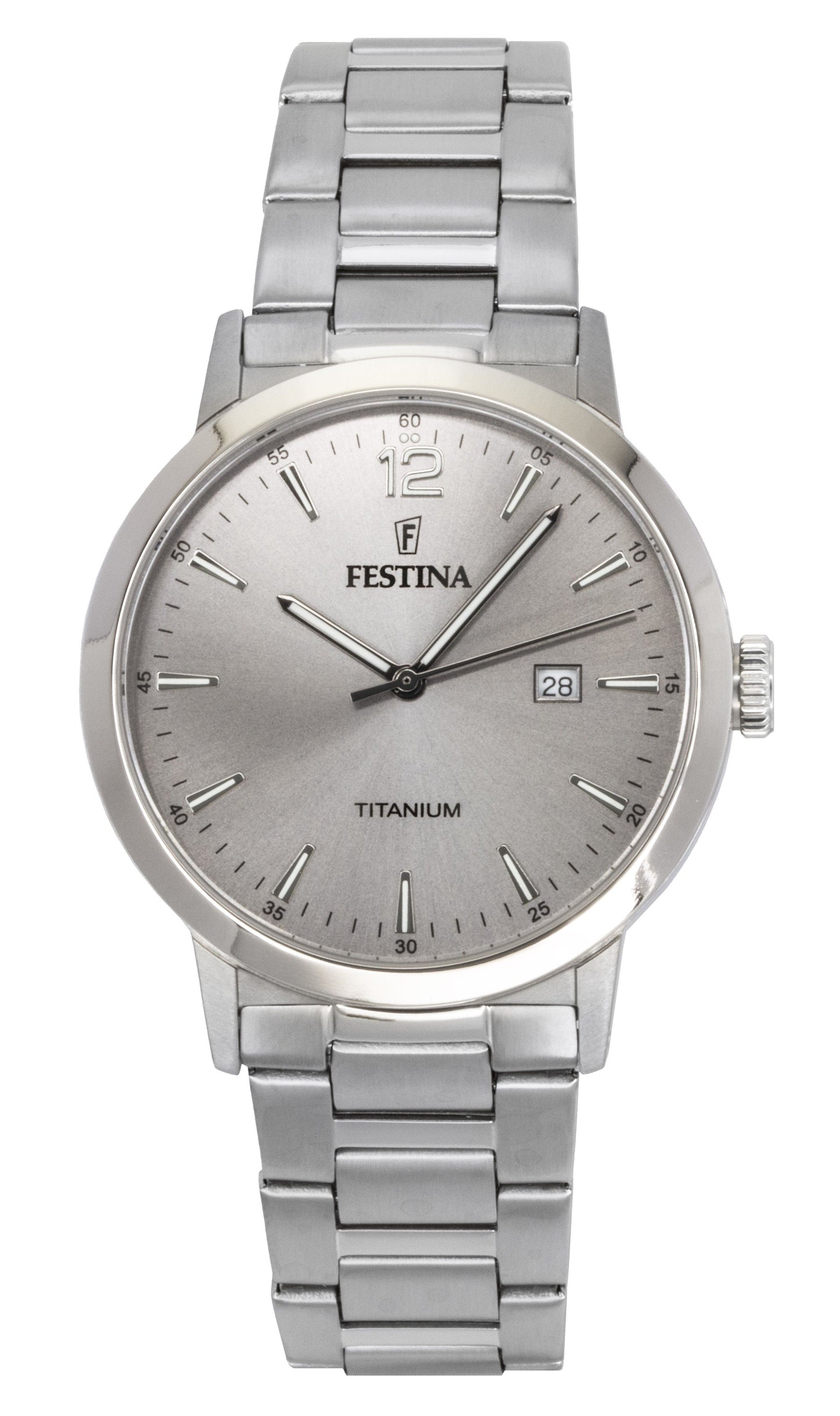 Festina Titanium Grey Dial Quartz Stainless Steel. A brand-new Festina Titanium watch featuring a Grey dial and a Stainless steel strap. Side view.
