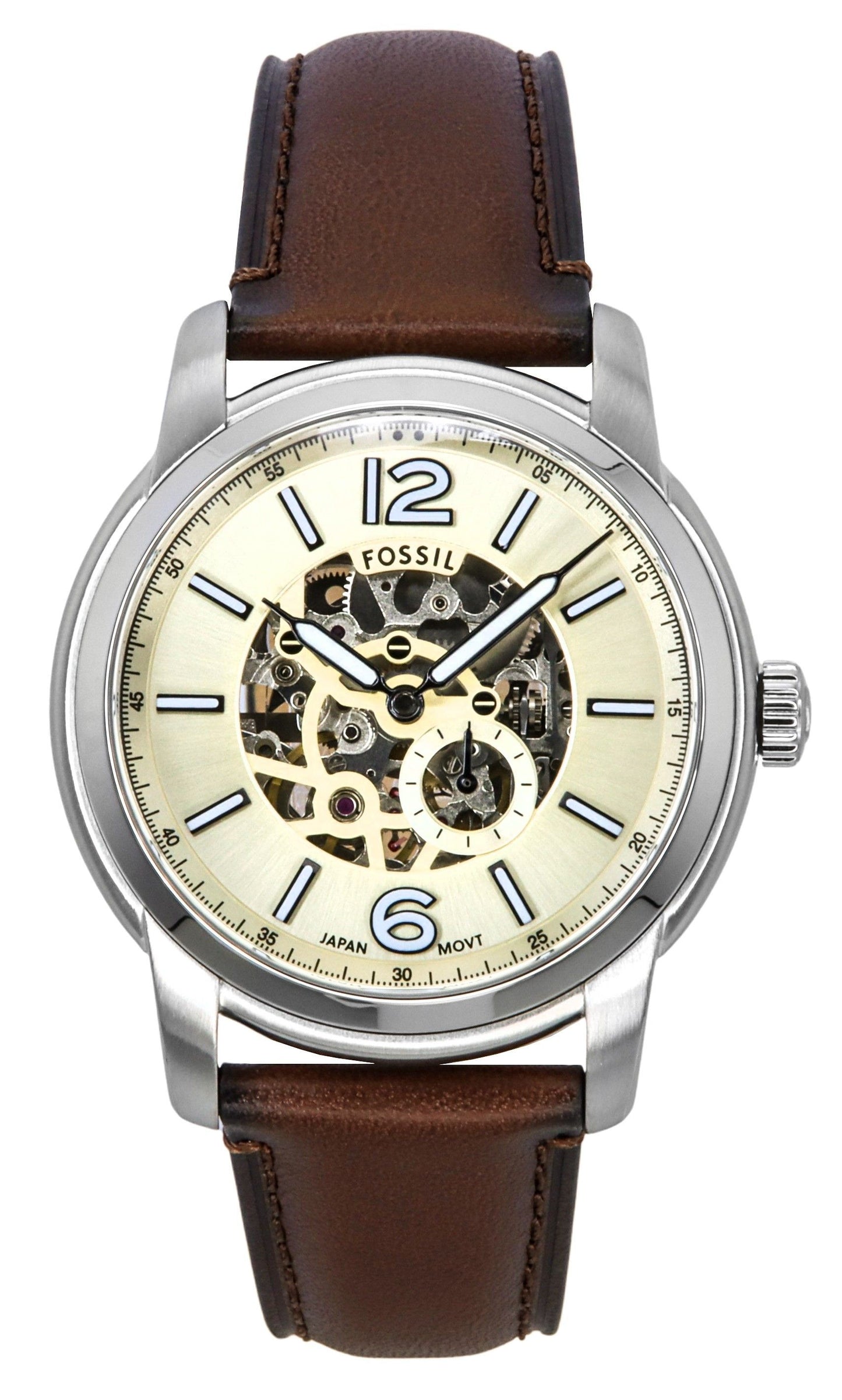 Fossil Heritage Brown Leather Strap Cream Skeleton Dial. A brand-new Fossil Heritage watch featuring a Leather strap. Front view.