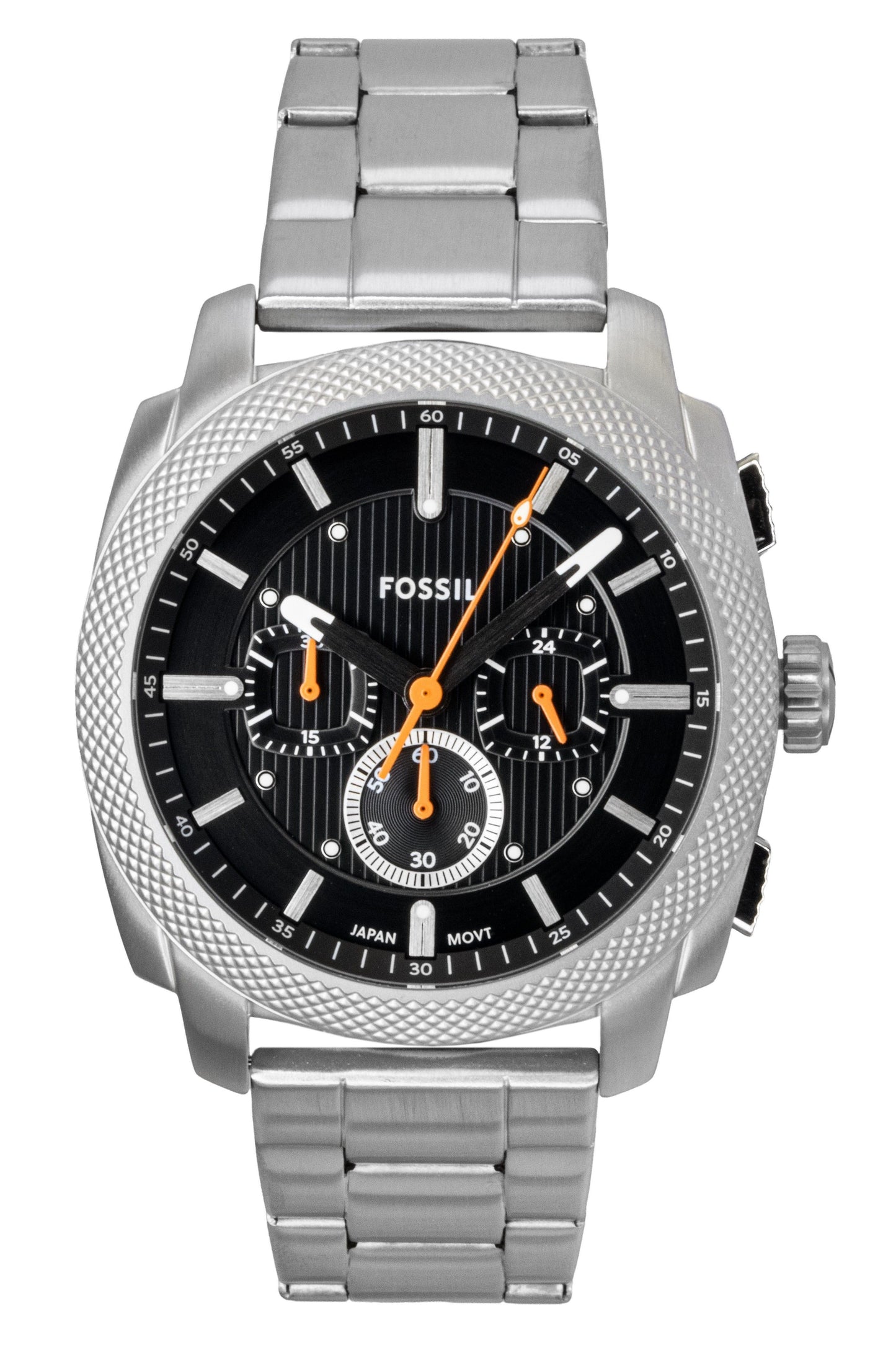 Fossil Machine Chronograph Stainless Steel Black Dial Quartz. A brand-new Fossil Machine watch featuring a Black dial and a Stainless steel strap. Front view.