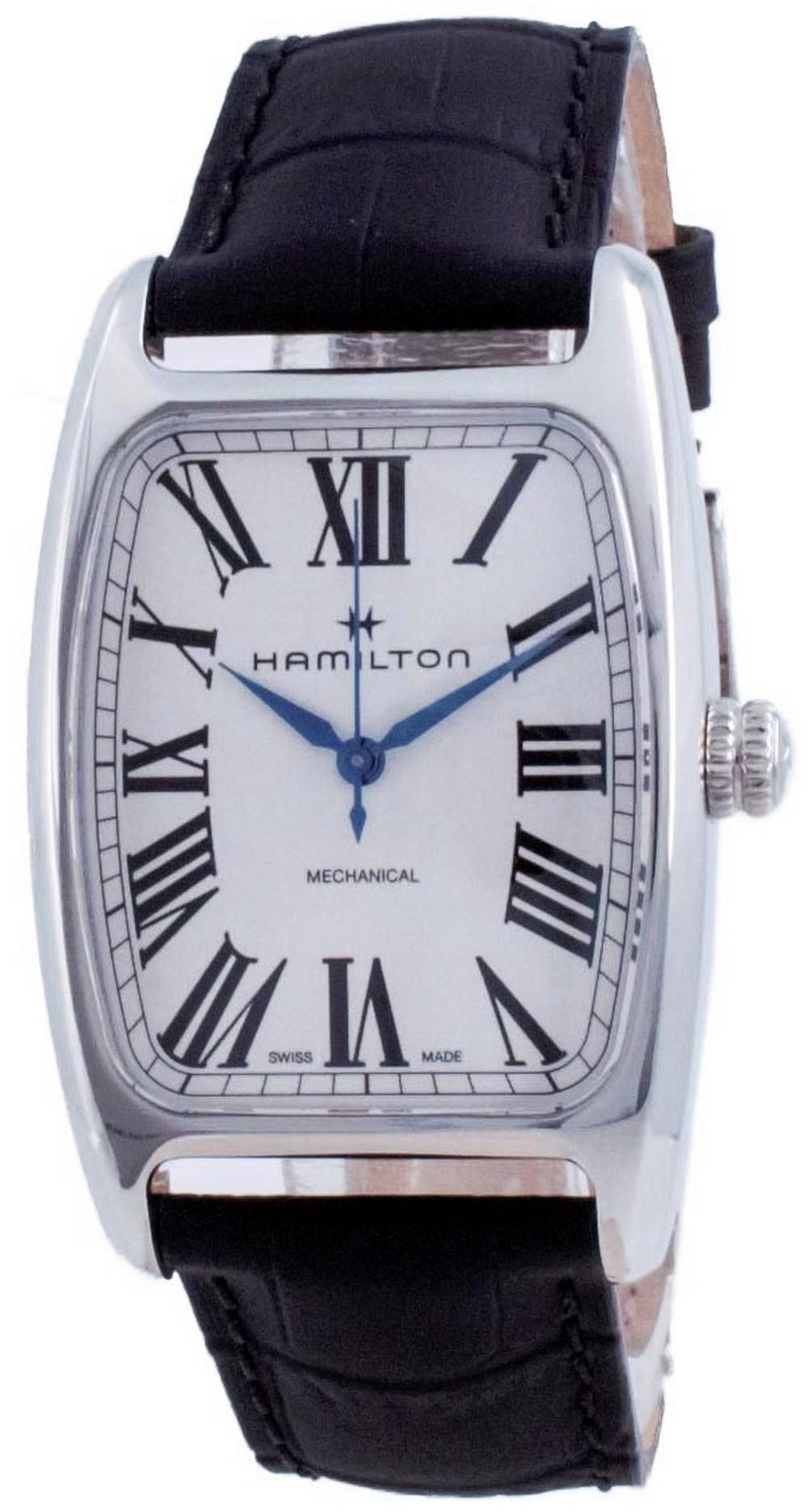 Hamilton American Classic Boulton Mechanical Water Resistant. A brand-new Hamilton American Classic watch featuring a Leather strap. Angled view.