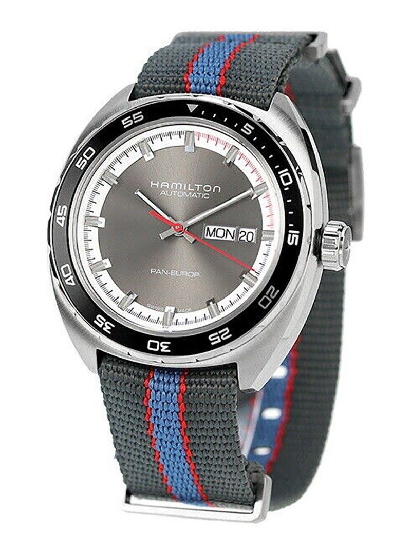 Hamilton American Classic Pan Europ Fabric Strap Gray Dial. A brand-new Hamilton American Classic watch featuring a Polyester strap. Angled view.