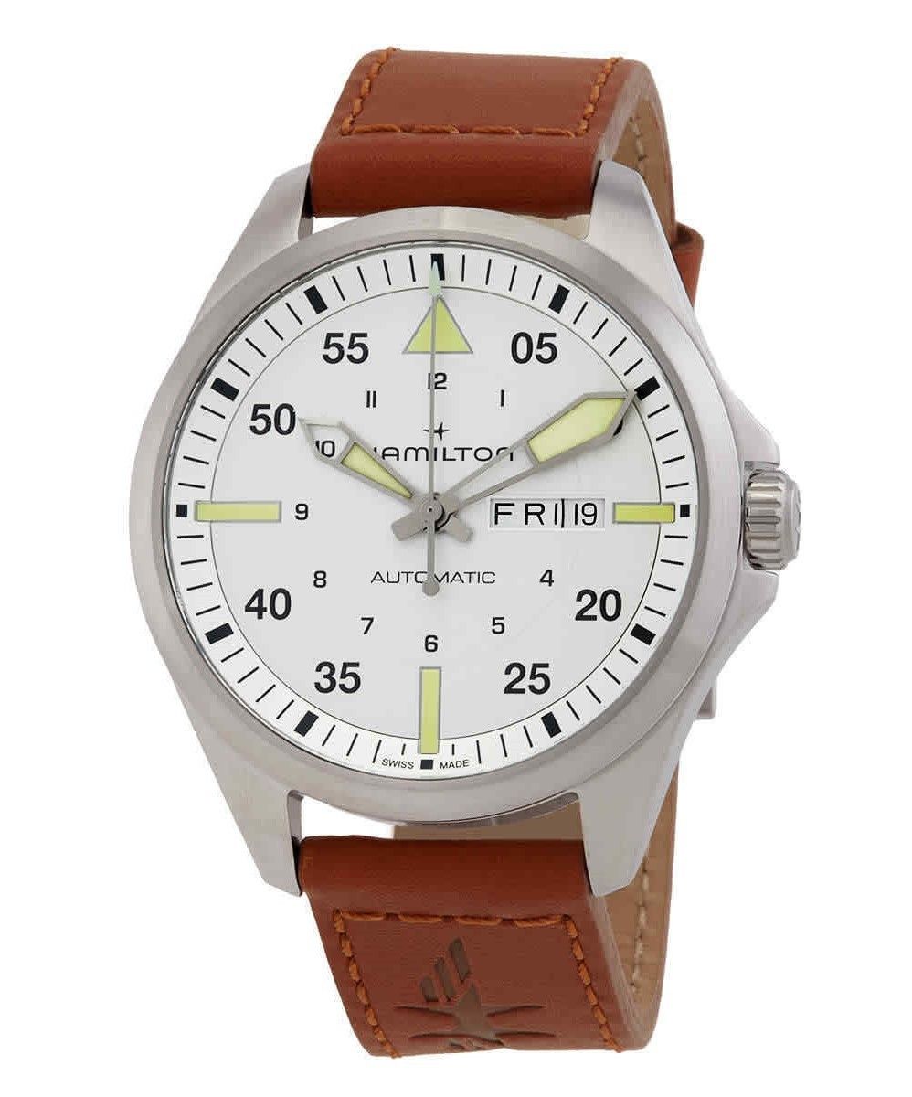 Hamilton Khaki Aviation Pilot Leather Strap Silver Dial. A brand-new Hamilton Khaki watch featuring a Silver dial and a Leather strap. Angled view.