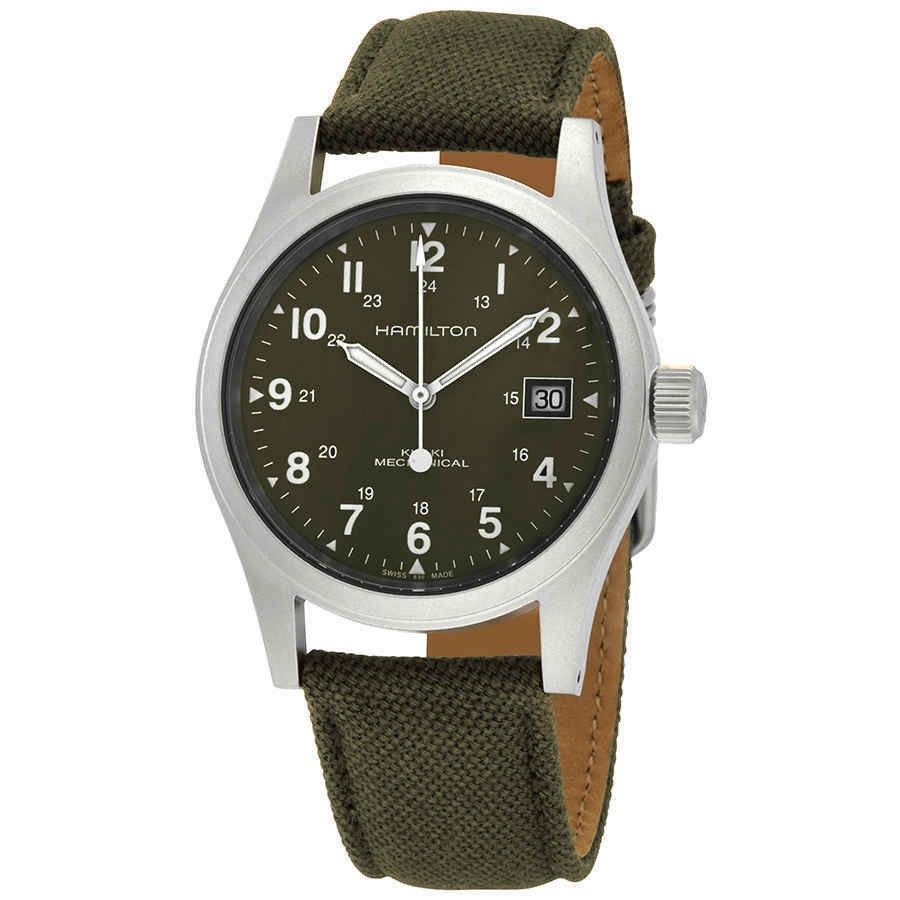 Hamilton Khaki Field Mechanical Canvas Strap Green Dial. A brand-new Hamilton Khaki watch featuring a Green dial and a Stainless steel strap. Side view.