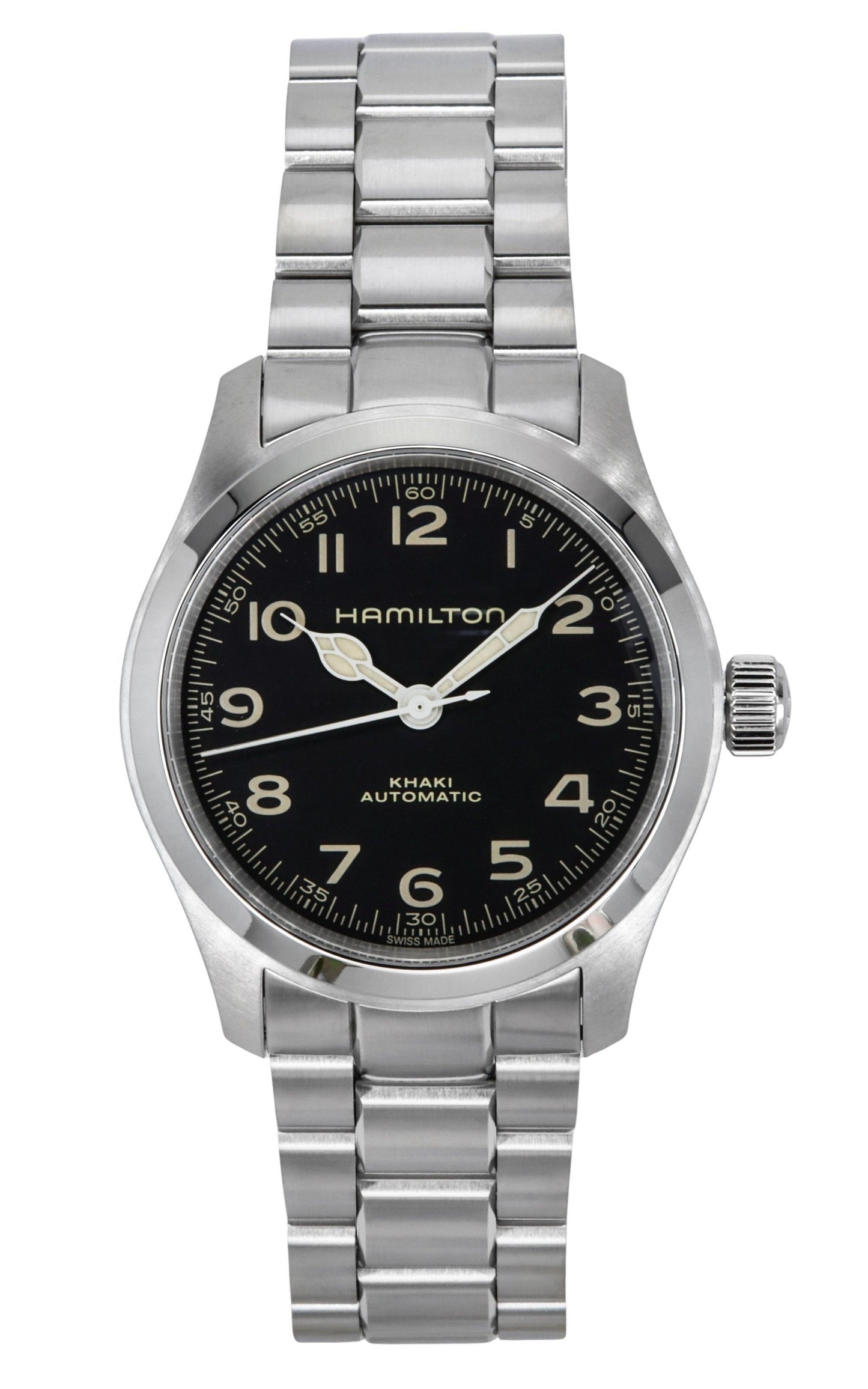 Hamilton Khaki Field Murph Stainless Steel Black Dial. A brand-new Hamilton Khaki watch featuring a Black dial and a Stainless steel strap. Side view.