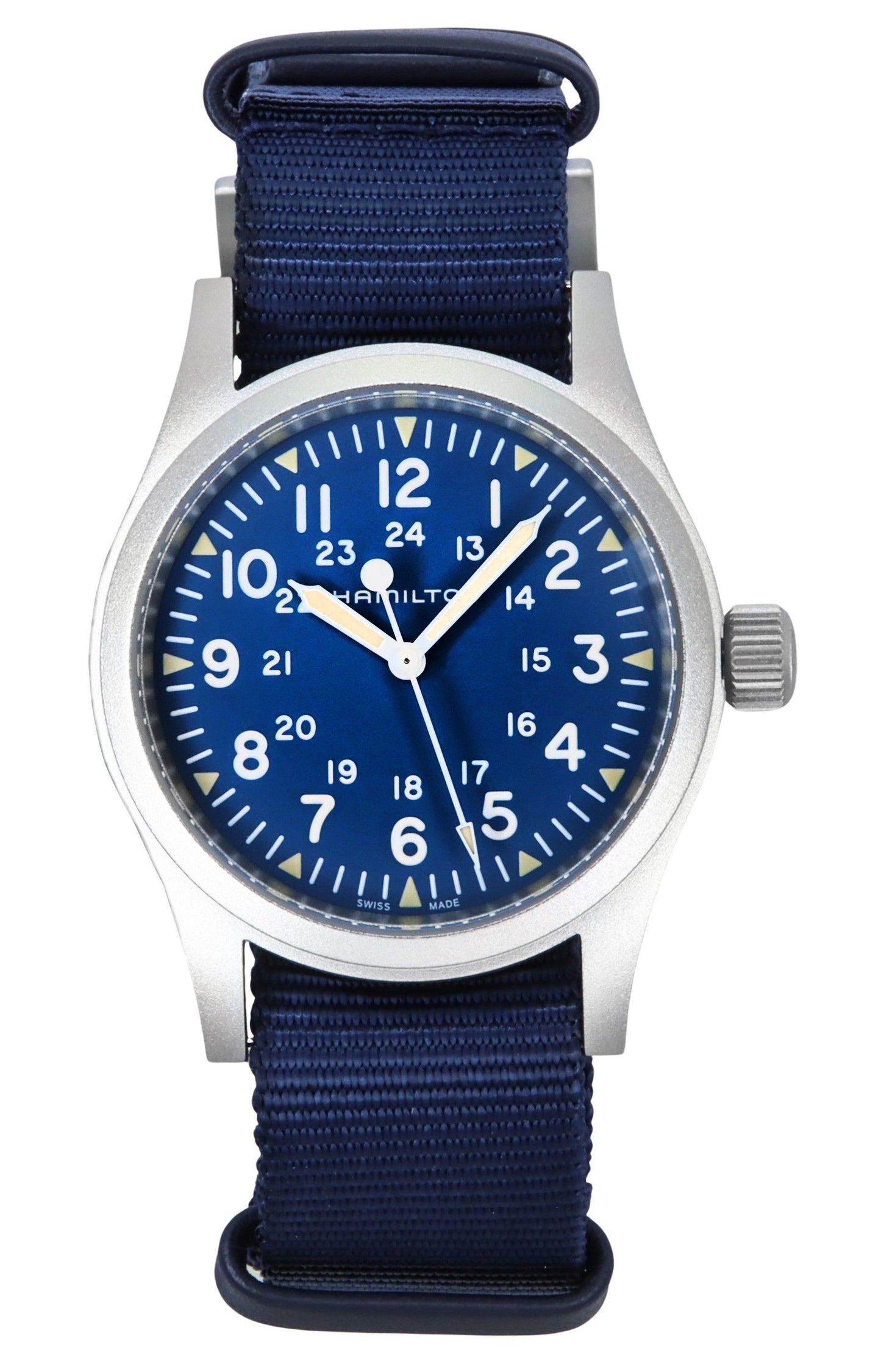 Hamilton Khaki Field Textile Strap Blue Dial Automatic. A brand-new Hamilton Khaki watch featuring a Blue dial and a Polyester strap. Angled view.