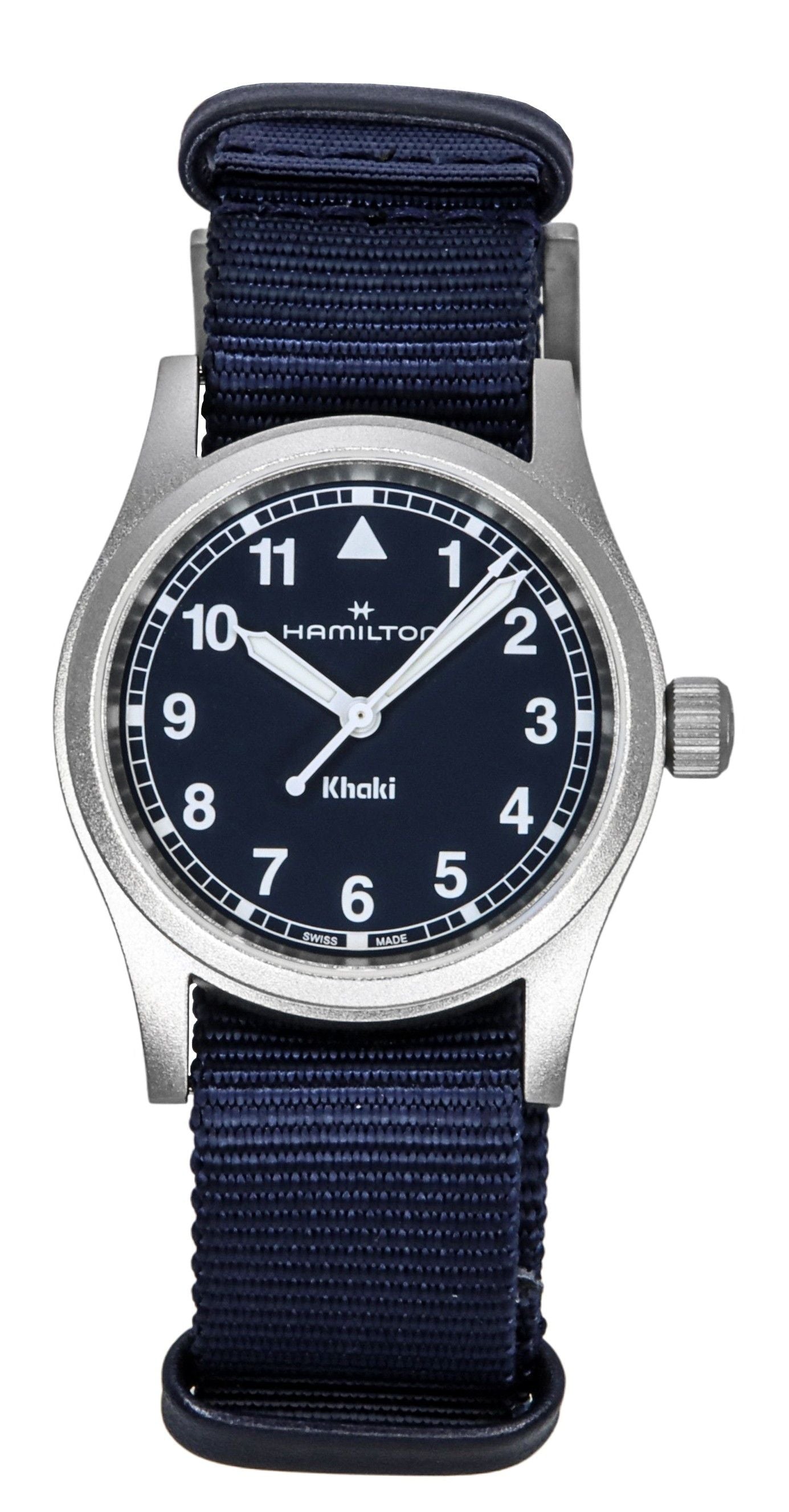 Hamilton Khaki Field Textile Strap Blue Dial Quartz. A brand-new Hamilton Khaki watch featuring a Blue dial and a Polyester strap. Front view.
