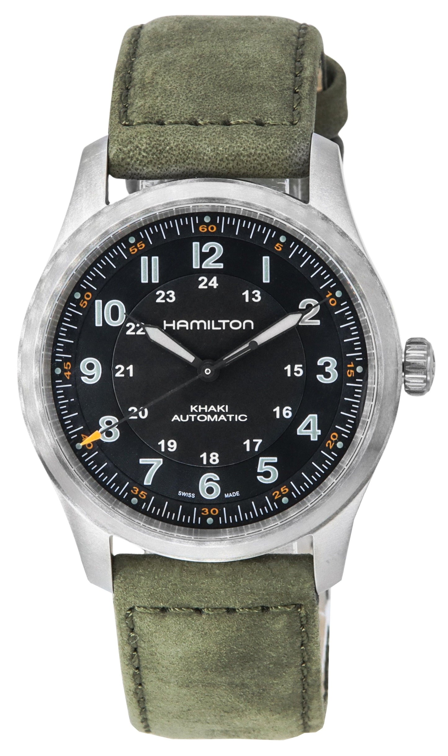 Hamilton Khaki Field Titanium Black Dial Automatic 100M. A brand-new Hamilton Khaki watch featuring a Black dial and a Titanium strap. Side view.