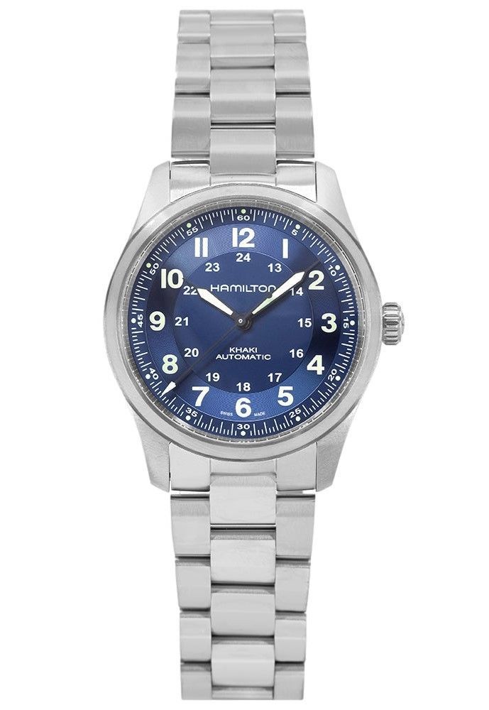 Hamilton Khaki Field Titanium Blue Dial Automatic 100M. A brand-new Hamilton Khaki watch featuring a Blue dial and a Titanium strap. Angled view.