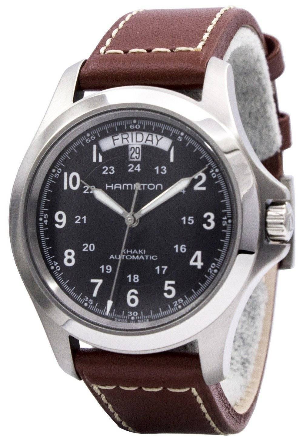 Hamilton Khaki King Automatic Stainless Steel. A brand-new Hamilton Khaki watch featuring a Leather strap. Angled view.