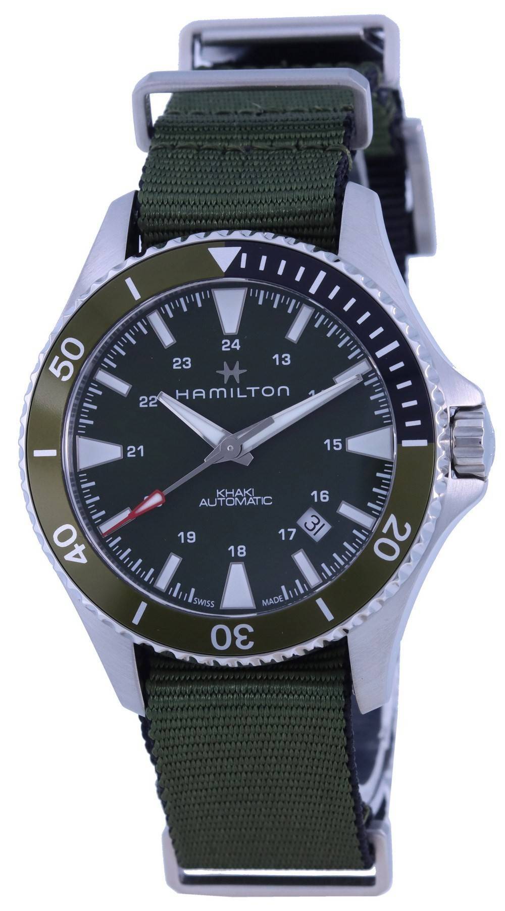 Hamilton Khaki Navy Scuba Green Dial Automatic 100M. A brand-new Hamilton Khaki watch featuring a Green dial and a Nylon strap. Angled view.
