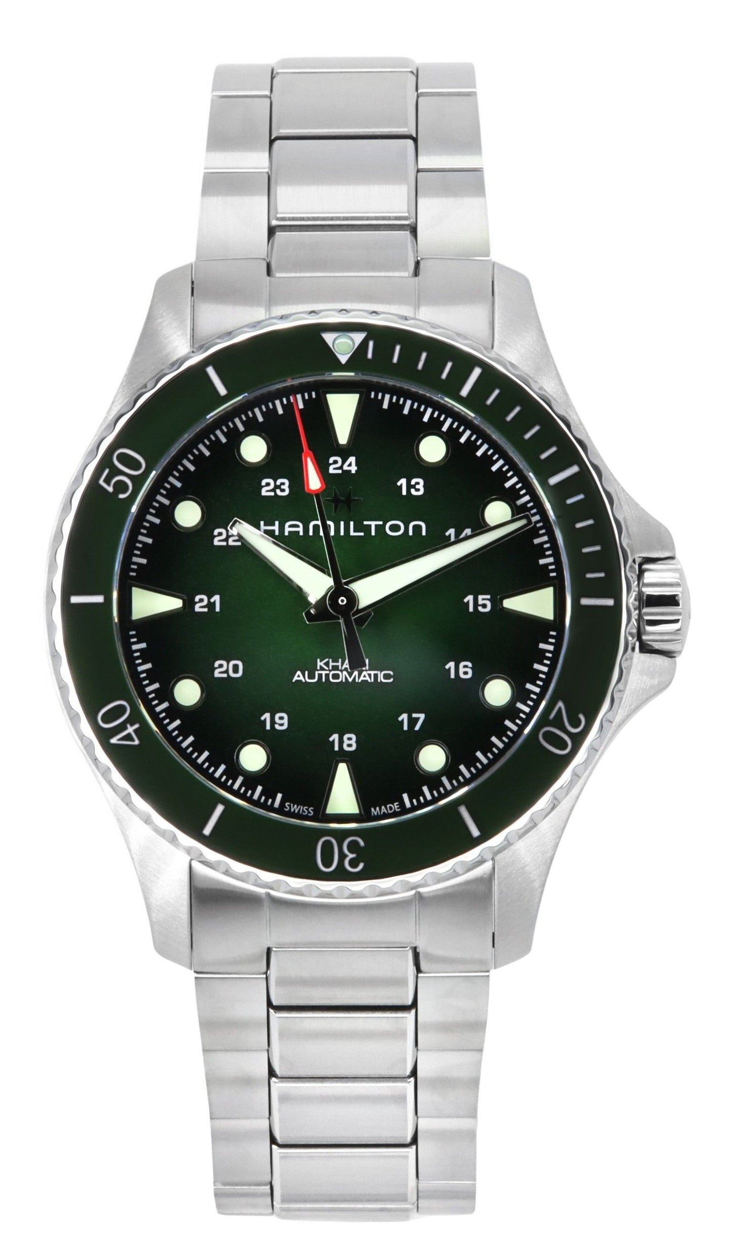 Hamilton Khaki Navy Scuba Stainless Steel Green Dial. A brand-new Hamilton Khaki watch featuring a Green dial and a Stainless steel strap. Front view.