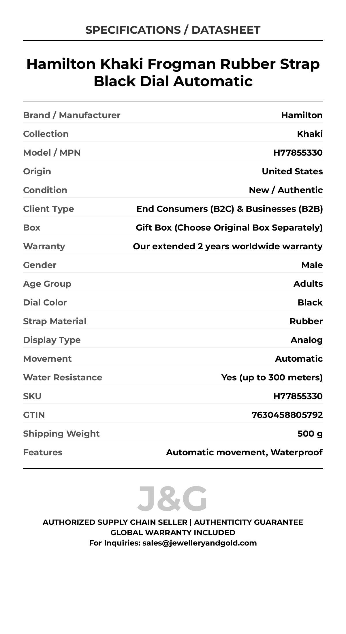 Hamilton Khaki Frogman Rubber Strap Black Dial Automatic. A brand-new Hamilton Khaki watch featuring a Black dial and a Rubber strap. Side view. - DS_FINAL