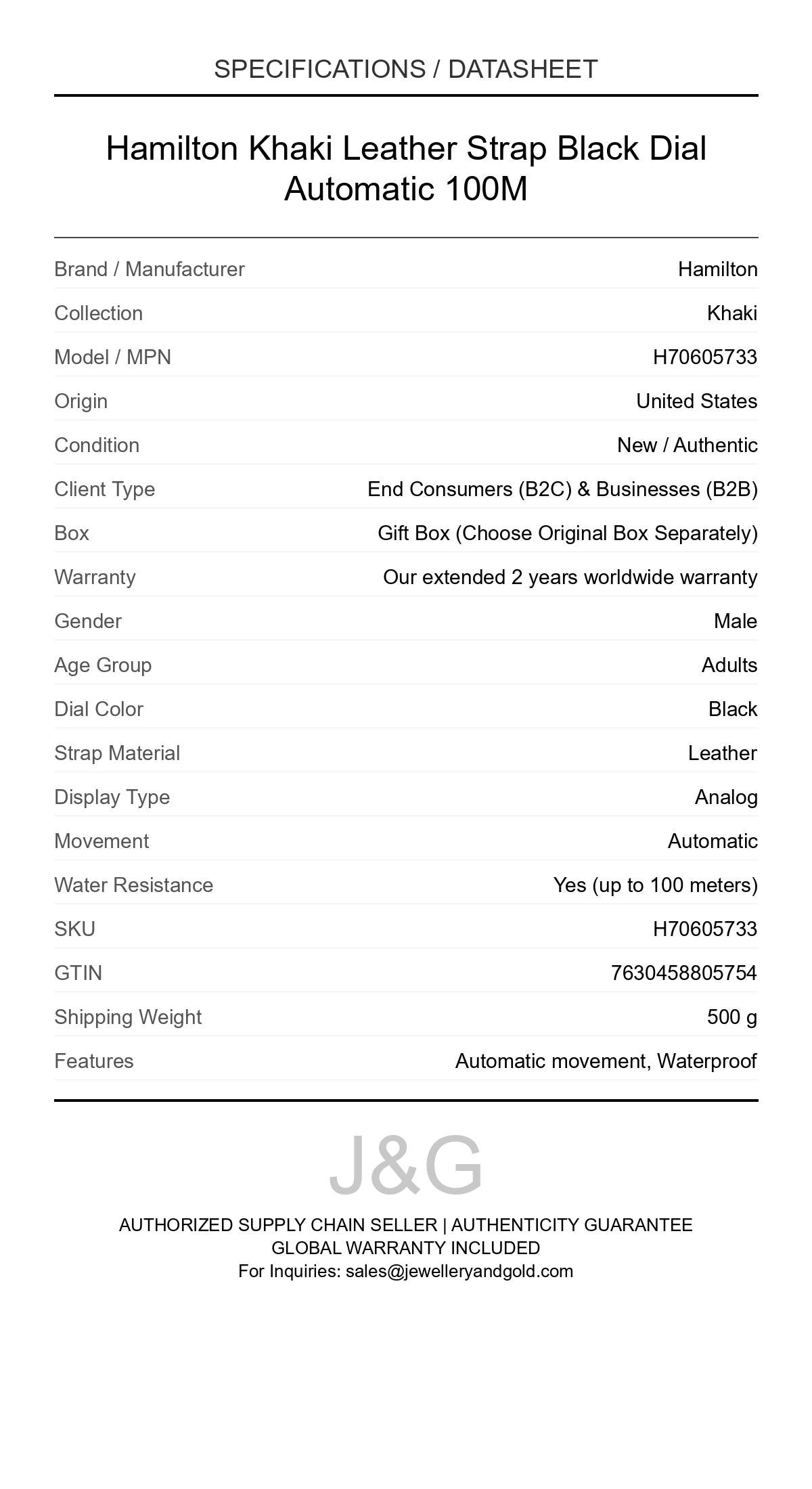 Hamilton Khaki Leather Strap Black Dial Automatic 100M. A brand-new Hamilton Khaki watch featuring a Black dial and a Leather strap. Side view. - DS_FINAL