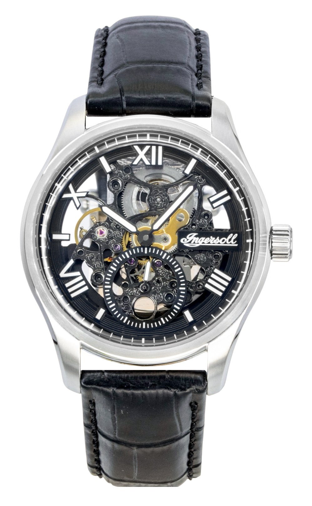 Ingersoll The Maverick Leather Strap Black Skeleton Dial. A brand-new Ingersoll watch featuring a Black Skeleton dial and a Leather strap. Front view.