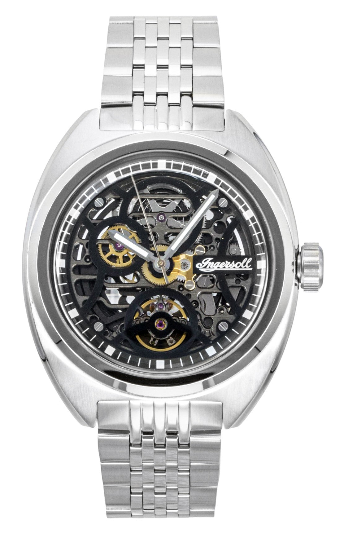 Ingersoll The Wrangler Stainless Steel Black Skeleton Dial. A brand-new Ingersoll watch featuring a Black Skeleton dial and a Stainless steel strap. Front view.