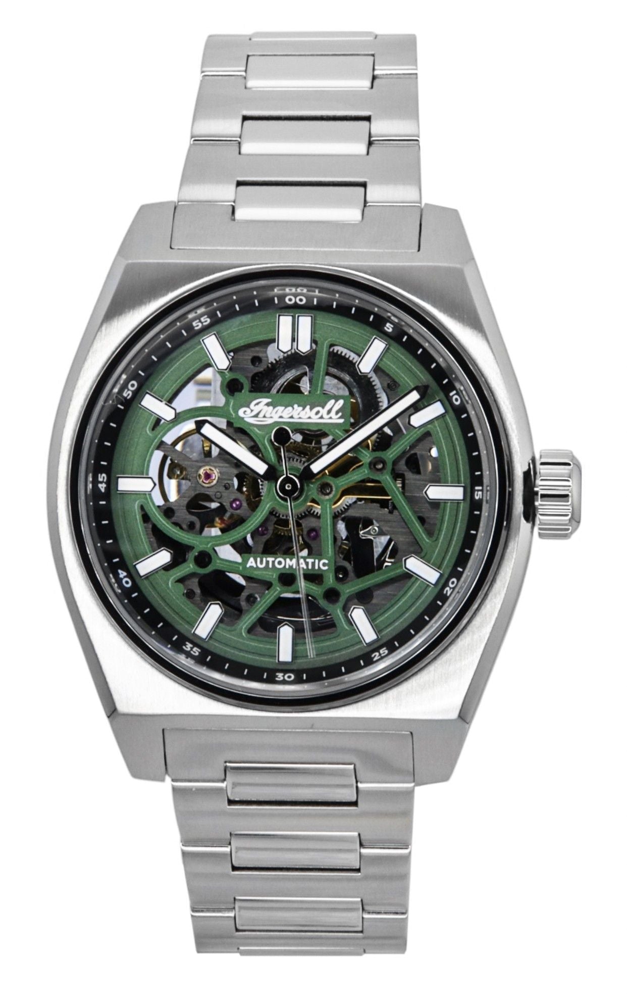 Ingersoll Vert Stainless Steel Green Skeleton Dial Automatic. A brand-new Ingersoll Vert watch featuring a Stainless steel strap. Angled view.