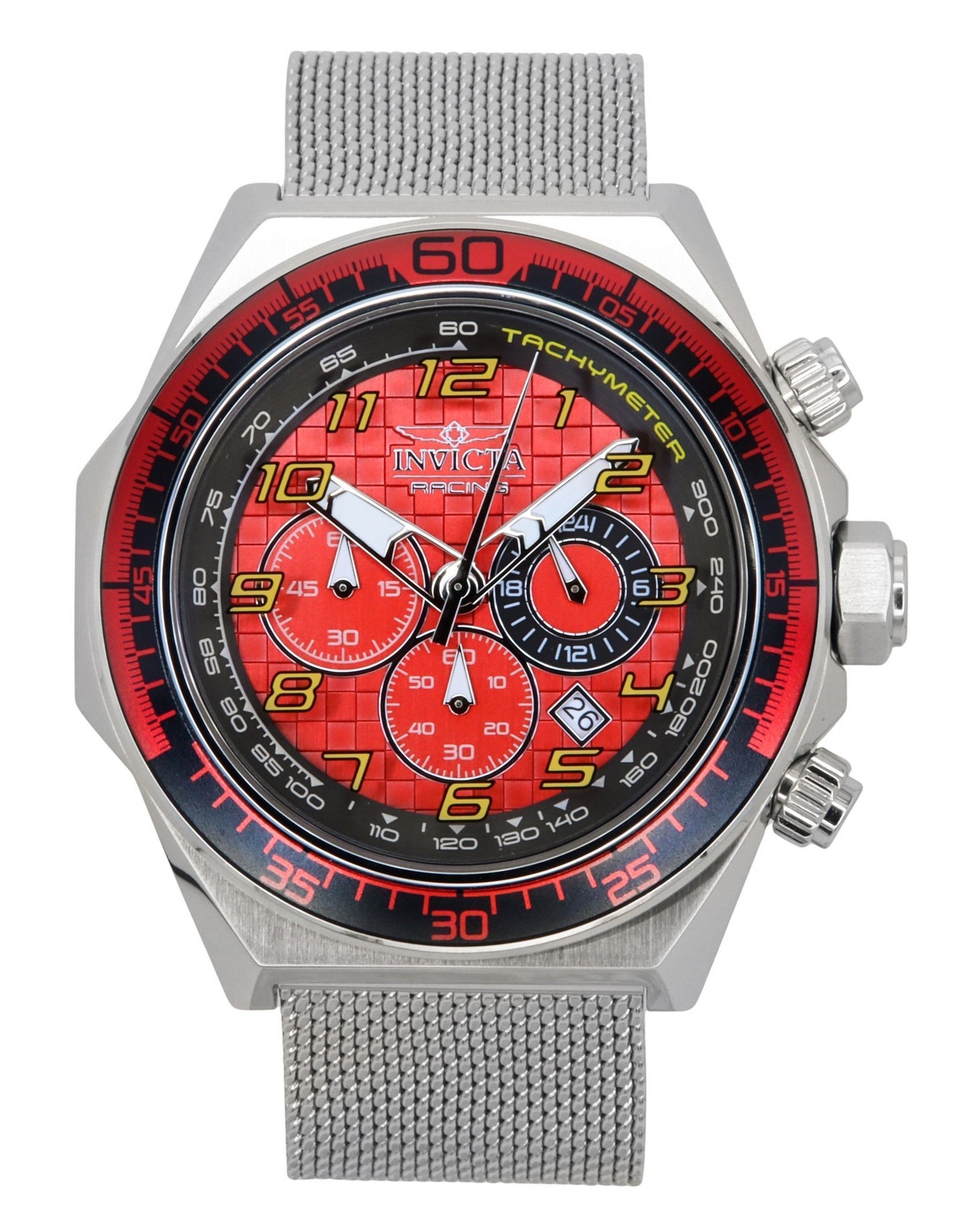 Invicta Racing Chronograph Stainless Steel Red Dial Quartz. A brand-new Invicta Racing watch featuring a Red dial and a Stainless steel strap. Side view.