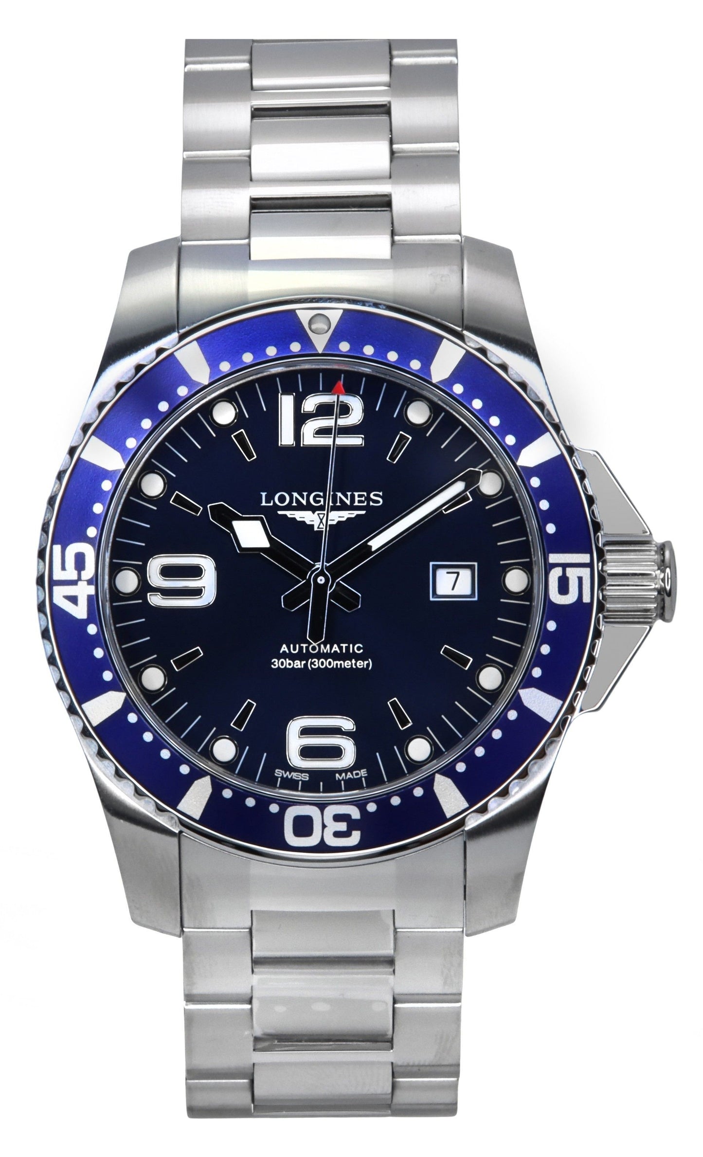 Longines Hydroconquest Stainless Steel Sunray Blue Dial. A brand-new Longines Hydroconquest watch featuring a Blue dial and a Stainless steel strap. Front view.